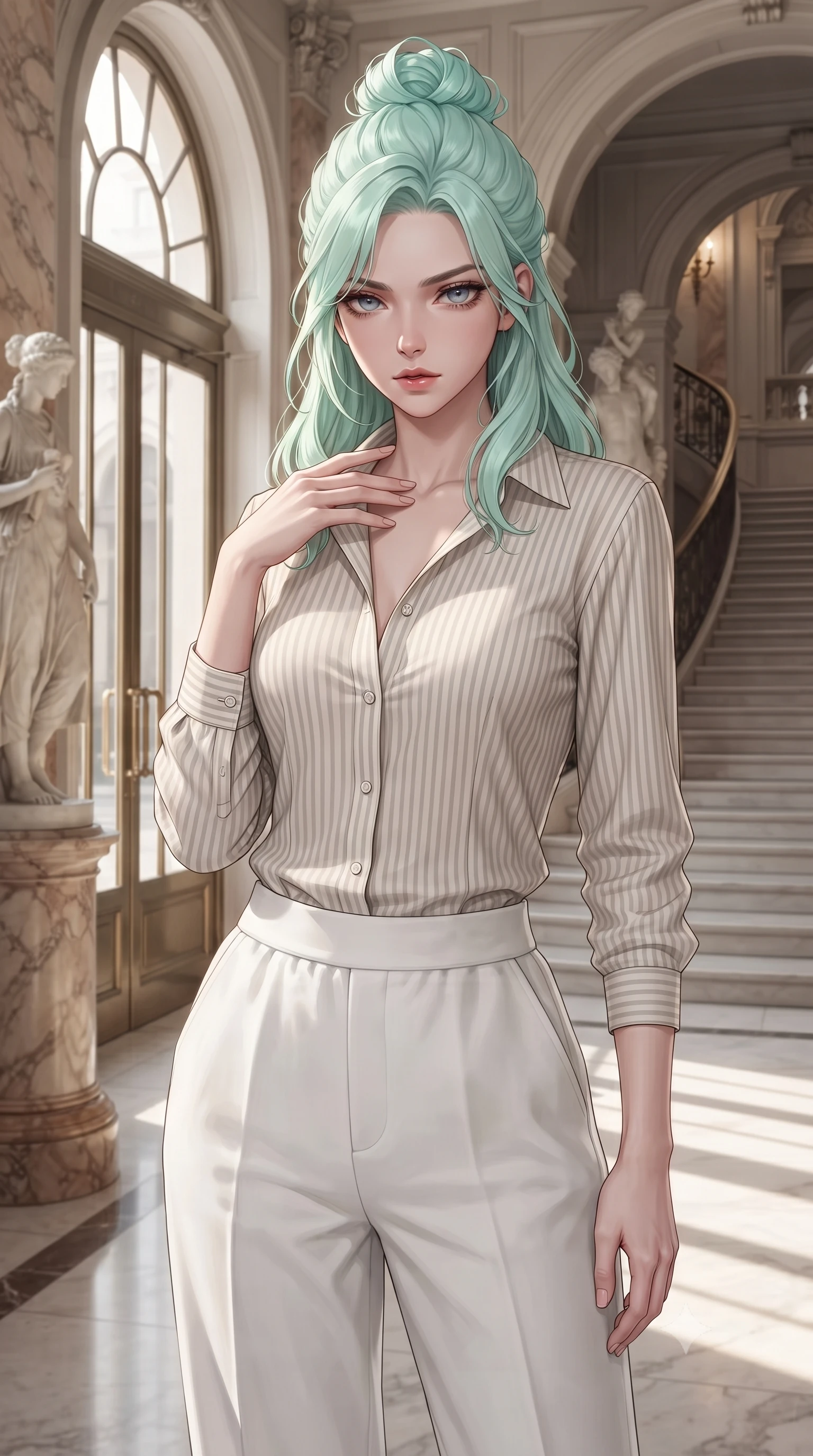 score_9, masterpiece, best quality, ultra-detailed, high-budget anime keyframe, editorial fashion photography, tasteful artistic composition, Japanese woman. close-up cowboy shot from the waist and thighs up, the character dominates the composition, filling the frame with her large presence, background elements kept in soft focus. standing with one hand resting on her collarbone, looking at the viewer with bedroom-eyes the background shows a soft-focus the entrance lobby of a historic theater with marble statues and archways. She has an exceptionally elegant, slender, and willowy female figure with an ultra-slim waist, a gracefully sculpted slender torso, and a refined silhouette. sharp v-shaped jawline, high-bridge nose, intricate jewel-like eyes with depth, thick eyelashes, glossy lips with a natural sheen. wearing a body-hugging soft striped linen button-down shirt and relaxed-fit white cotton lounge pants. crisp morning sunlight filtering through high glass doors, casting elegant shadows. ultra-reflective glossy finish, specular highlights, metallic sheen, high-contrast stereoscopic depth, volumetric dynamic lighting, 2k, ultra detail, master piece, 9:16 ratio