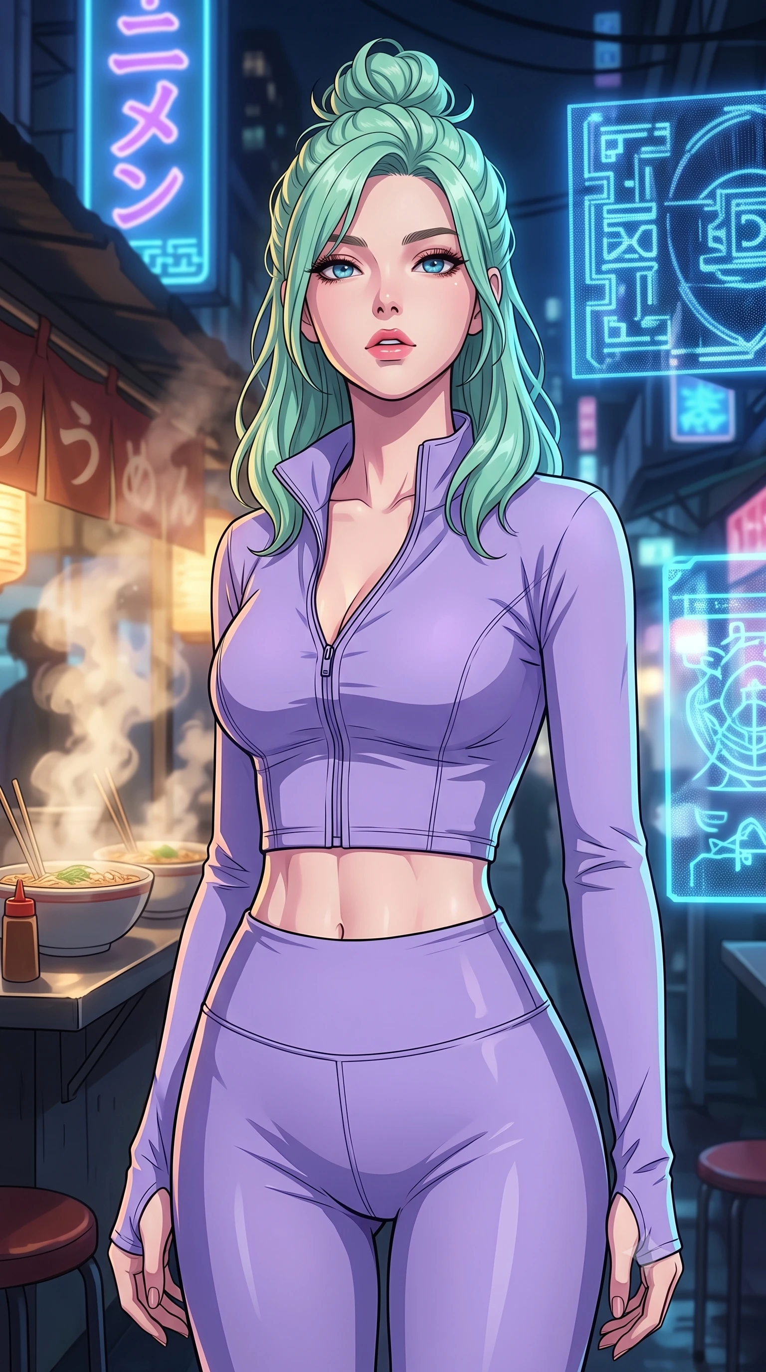 score_9, masterpiece, best quality, ultra-detailed, high-budget anime keyframe, tasteful artistic composition, Japanese woman. close-up cowboy shot from the waist and thighs up, the character dominates the composition, filling the frame with her large presence, background elements kept in soft focus. tilting her chin up slightly with lips parted in a composed, provocative expression the background shows a soft-focus a cyber-noir street market with steaming noodle stalls and neon signage. She has an exceptionally elegant, slender, and willowy female figure with an ultra-slim waist, a gracefully sculpted slender torso, and a refined silhouette. sharp v-shaped jawline, high-bridge nose, intricate jewel-like eyes with depth, thick eyelashes, glossy lips with a natural sheen. wearing a tailored body-hugging activewear set of a tailored zip-up long-sleeve crop top and matching high-waisted leggings in soft lavender. dappled warm steam glow contrasting with cool blue shadow lighting. highly saturated vibrant anime colors, cel-shading, 2d style, master piece, 9:16 ratio