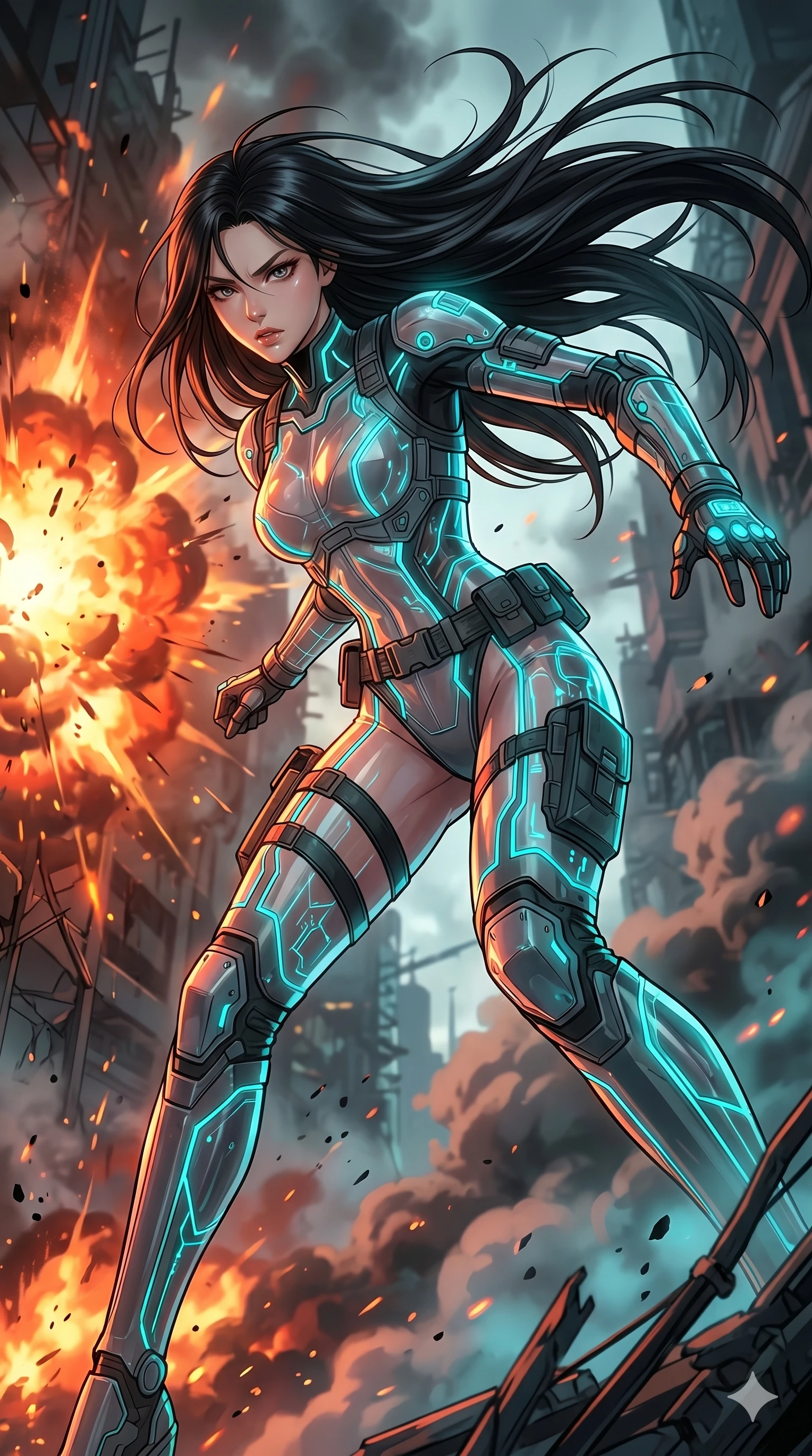 score_9, masterpiece, best quality, ultra-detailed, high-budget anime movie keyframe, cinematic anime lighting, intricate line art, Japanese woman. Low angle cowboy shot capturing a powerful motion and statuesque presence. reeling back from an explosion with a look of fierce determination. She has an absolutely perfect 8-heads proportion, an exceptionally tall and slender female figure with an ultra-slim waist and impossibly long slender legs. strictly human anatomy, two legs only, no extra limbs, clearly defined legs and arms, perfect anatomy, perfect hands and fingers. sharp v-shaped jawline, high-bridge nose, intricate jewel-like eyes, thick eyelashes, glossy lips. Wearing Tech-Fantasy: Cybernetic tech-suit with glowing seams, translucent PVC over leotard, and modular tactical gear. The scene is illuminated by dramatic atmospheric lighting and vibrant color palettes. , 2k, ultra detail, master piece, 9:16 ratio