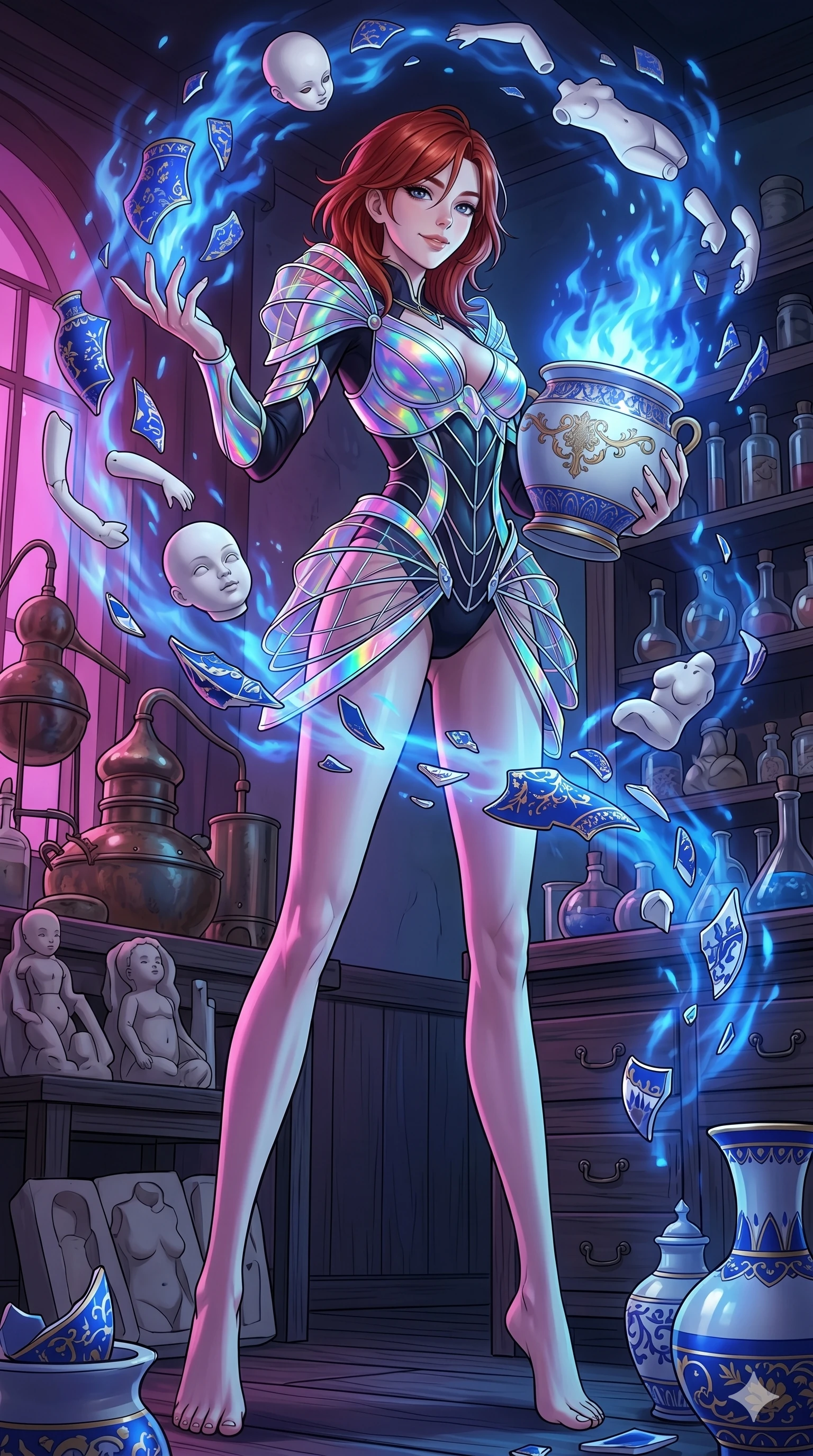 score_9, masterpiece, best quality, ultra-detailed, high-budget anime keyframe, Caucasian woman, strictly human ears. low angle full-body shot filling the entire 9:16 frame with her statuesque presence, stretching the vertical silhouette. assisting in an alchemical porcelain workshop where floating white bisque doll parts and blue porcelain shards swirl amidst blue alchemical flames. She has an absolutely perfect 8-heads proportion, an exceptionally tall and slender female figure with impossibly long slender legs and an ultra-slim waist. V-shaped jawline, high-bridge nose, intricate jewel-like eyes with depth, thick eyelashes, glossy lips with a natural sheen.. wearing a holographic ribbon shell armor, featuring thin iridescent plates linked by wire straps over a sleek contouring base. accented by dynamic color-blocked lighting with high-contrast shadows emphasizing her statuesque height. 2k, ultra detail, master piece, 9:16 ratio