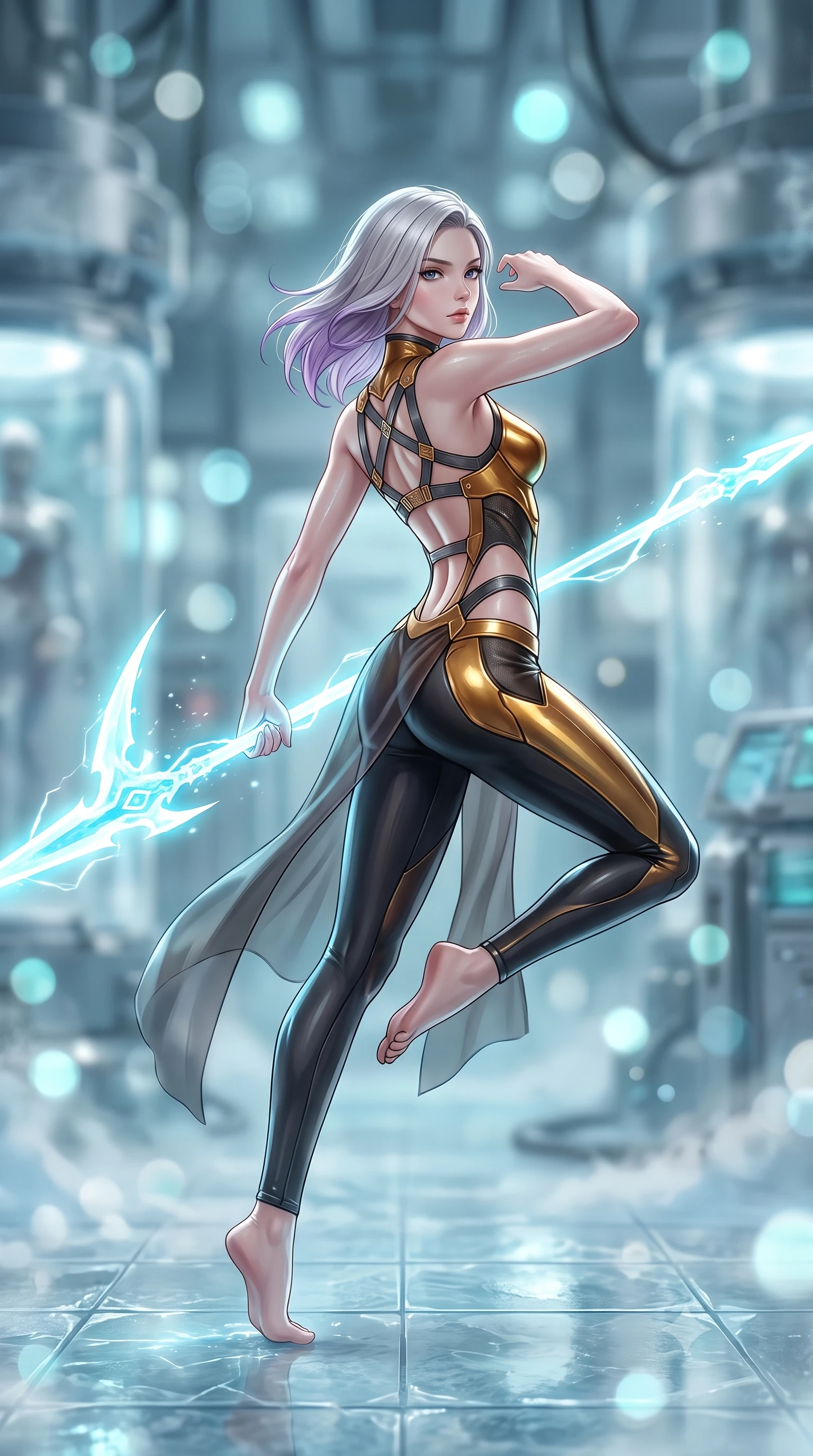 score_9, masterpiece, best quality, ultra-detailed, high-budget anime keyframe, semi-realistic 3D game render, editorial fashion photography, tasteful artistic composition, Caucasian woman. low angle full-body shot from head to toe showing her feet, filling the entire 9:16 vertical frame with her statuesque presence, stretching her vertical silhouette. arching her spine in a fluid zero-gravity combat turn with sovereign grace, her long slender legs and sculpted torso creating a sweeping line of power while stepping across ice-slicked laboratory tiles with spear balanced horizontally, radiating sovereign arctic composure. The composition keeps background elements in soft focus with creamy bokeh. drifting cryogenic frost vapor and frozen laboratory glass pods blurred into radiant cyan, silver, and pale blue bokeh. She has an absolutely perfect, statuesque 8.5-heads proportion, an exceptionally tall and slender model-like female figure with impossibly long slender legs, a toned flat midriff, and an ultra-slim waist. sharp v-shaped jawline, high-bridge nose, intricate jewel-like eyes with depth, thick eyelashes, glossy lips with a natural sheen, flawlessly proportioned anatomical accuracy, strict slender model proportions, natural body alignment, perfectly sculpted long slender limbs, ultra-slim waistline, clean dynamic posture without body distortion. wearing a sculpted molten-gold and dark carbon cuirass paired with high-mobility combat leggings and sheer side drapes, wielding a glowing plasma energy scythe with fluid grace in glacial ice-cyan carbon mesh with pure white armor plates, crafted from semi-translucent cybernetic carbon-vinyl interwoven with glowing micro-filaments, complemented by criss-cross back harness straps highlighting her completely bare spine, the precision-cut daring openings accentuating her delicate midriff, graceful bare collarbones, and ultra-slim feminine waistline. illuminated by crisp specular ice refractions outlining her ultra-slim waist, long legs, and flat midriff. rich saturated anime colors with glowing neon highlights, detailed shading with soft gradients, rich glossy textures, high-contrast stereoscopic depth, volumetric dynamic lighting, master piece, 9:16 ratio