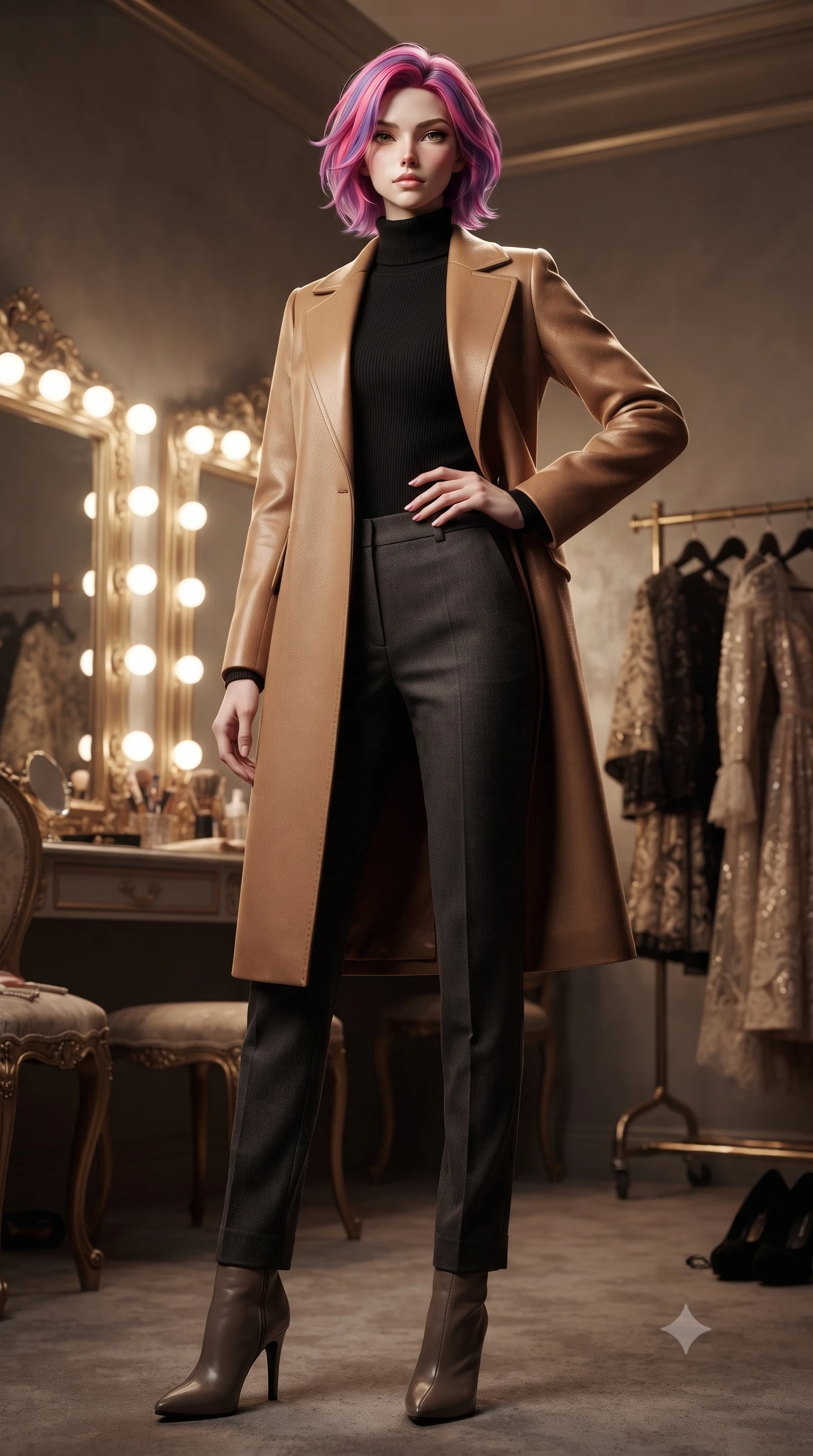 score_9, masterpiece, best quality, ultra-detailed, high-budget anime keyframe, editorial fashion photography, tasteful artistic composition, Caucasian woman. low angle full-body shot from head to toe showing her feet, filling the entire 9:16 vertical frame with her statuesque presence, stretching her vertical silhouette. posing confidently with one hand on her hip, stretching her statuesque body to emphasize her curves the background shows a soft-focus the backstage lounge of an opera house with gold mirrors and vintage costume racks. She has an absolutely perfect, statuesque 8.5-heads proportion, an exceptionally tall and slender model-like female figure with impossibly long slender legs and an ultra-slim waist. sharp v-shaped jawline, high-bridge nose, intricate jewel-like eyes with depth, thick eyelashes, glossy lips with a natural sheen. wearing a slim-fit warm camel-colored wrap coat over a black turtleneck sweater and charcoal slacks. bright vanity spotlights casting detailed front lighting with soft back shadow. ultra-reflective glossy finish, specular highlights, metallic sheen, high-contrast stereoscopic depth, volumetric dynamic lighting, 2k, ultra detail, master piece, 9:16 ratio