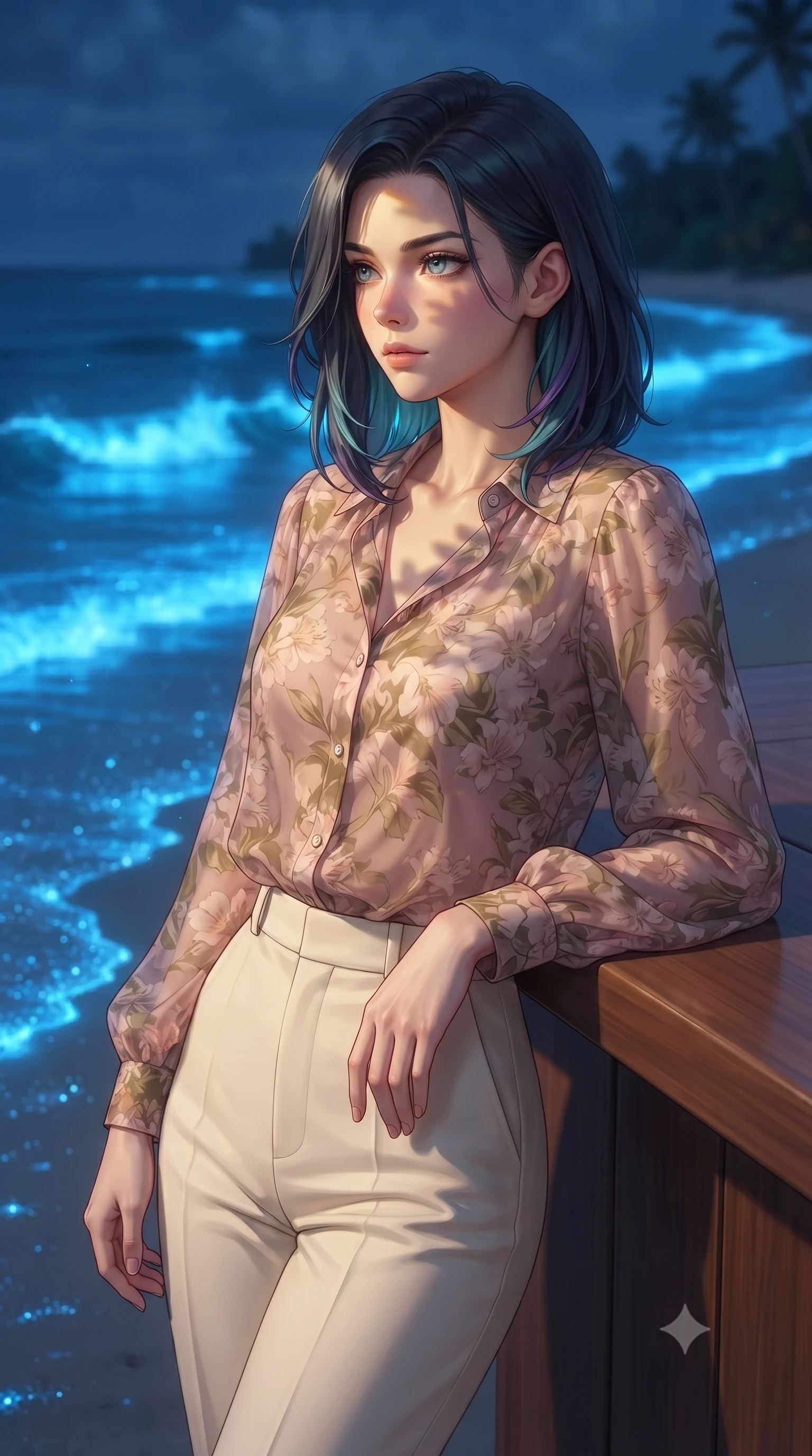score_9, masterpiece, best quality, ultra-detailed, high-budget anime keyframe, editorial fashion photography, tasteful artistic composition, Caucasian woman, strictly human ears. close-up cowboy shot from the waist and thighs up, the character dominates the composition, filling the frame with her large presence, background elements kept in soft focus. Resting one arm elegantly against a surface with a poised relaxed stance. set against a soft-focus background of a tropical beach at midnight where every breaking wave crest glows with intense electric blue bioluminescence the wet sand sparkling with disturbed dinoflagellates and the dark ocean pulsing with underwater light. She has an exceptionally elegant and slender, willowy female figure with an ultra-slim waist, a gracefully sculpted slender torso, and a refined slim physique. sharp v-shaped jawline, high-bridge nose, intricate jewel-like eyes with depth, thick eyelashes, glossy lips with a natural sheen. wearing a sheer floral-print chiffon blouse in soft pink and olive tones, paired with high-waisted cream trousers. warm golden afternoon sunbeams casting soft organic leaf shadows across her skin. 2k, ultra detail, master piece, 9:16 ratio