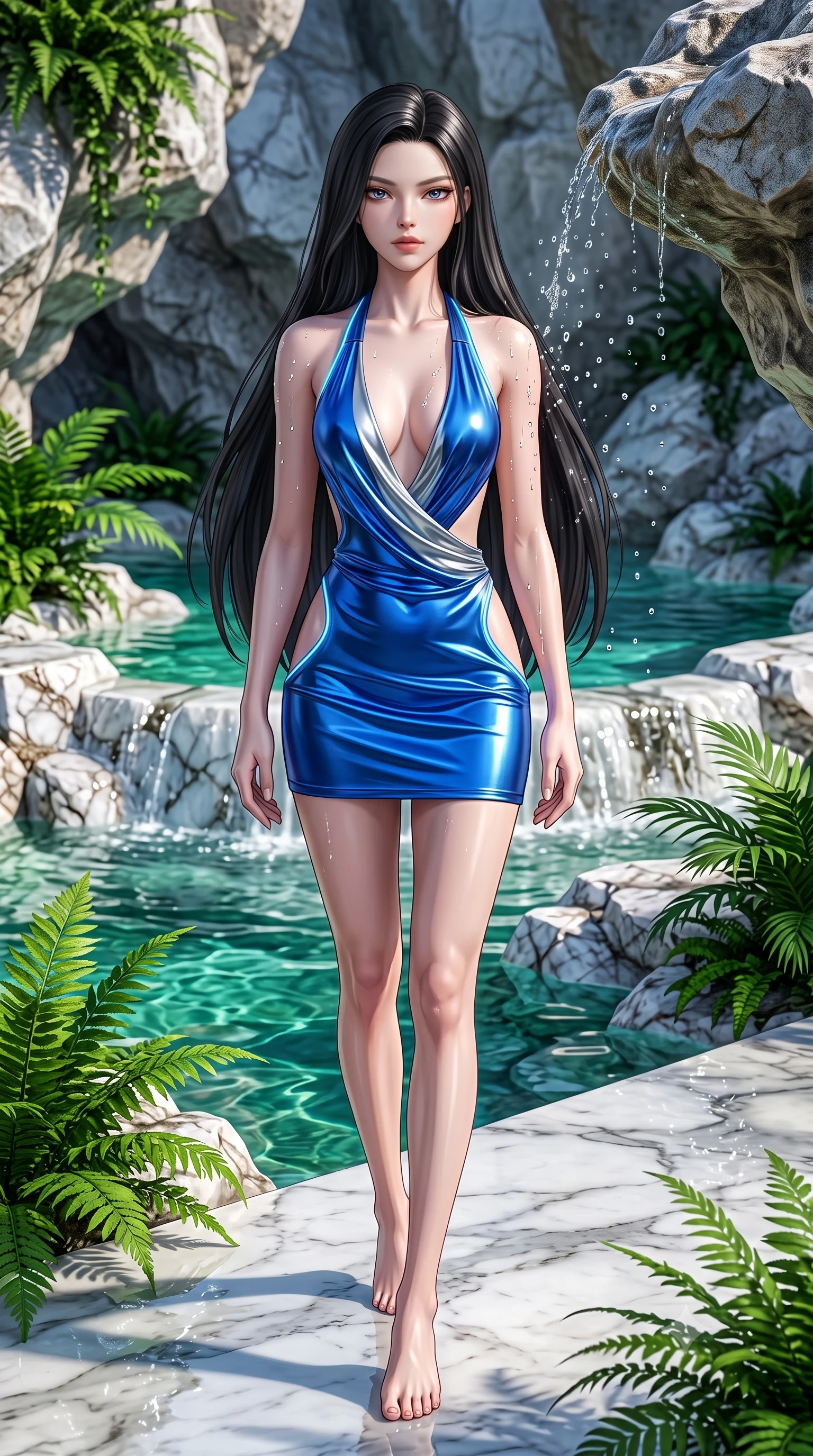 score_9, masterpiece, best quality, ultra-detailed, high-budget anime keyframe, semi-realistic 3D game render, editorial fashion photography, tasteful artistic composition, Korean woman. low angle full-body shot from head to toe showing her feet, filling the entire 9:16 vertical frame with her statuesque presence, stretching her vertical silhouette. striding forward in a proud, statuesque motion with a dangerous smolder, her vertical silhouette dominating the frame from head to toe while reclining along a sunlit marble rock pool as clear cascading water droplets glisten across her bare shoulders. The surrounding environment is rendered in vivid detail and crisp panoramic clarity. intricate white crystal stone veins, crystal-clear emerald water pools, and lush tropical ferns in deep focus. She has an absolutely perfect, statuesque 8.5-heads proportion, an exceptionally tall and slender model-like female figure with impossibly long slender legs, a toned flat midriff, and an ultra-slim waist. sharp v-shaped jawline, high-bridge nose, intricate jewel-like eyes with depth, thick eyelashes, glossy lips with a natural sheen, flawlessly proportioned anatomical accuracy, strict slender model proportions, natural body alignment, perfectly sculpted long slender limbs, ultra-slim waistline, clean dynamic posture without body distortion. wearing a form-contouring liquid satin halter-neck mini dress with a deep crossover cowl front, open back, and ultra-slender waist drape in liquid electric cobalt blue and polished silver, made of liquid metal jersey that clings flawlessly to every contour of her build, accented with glowing fiber-optic seams tracing her collarbones and hip curves, the precision-cut daring openings accentuating her delicate midriff, graceful bare collarbones, and ultra-slim feminine waistline. surrounded by a pristine, refreshing, and intensely seductive natural sanctuary atmosphere. highly saturated vibrant anime colors, detailed shading with soft gradients, rich glossy textures, high-contrast stereoscopic depth, volumetric dynamic lighting, master piece, 9:16 ratio
