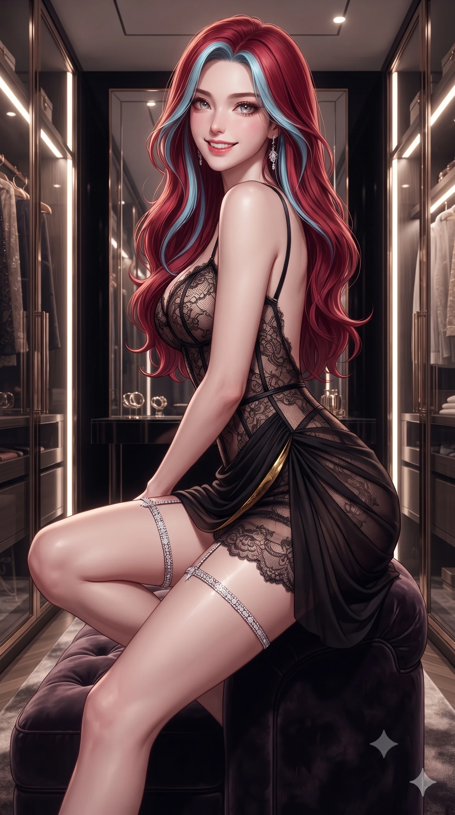 score_9, masterpiece, best quality, ultra-detailed, high-budget anime keyframe, editorial fashion photography, tasteful artistic composition, Caucasian woman. close-up cowboy shot from the waist and thighs up, the character dominates the composition, filling the frame with her large presence. perched sideways on the lounge seat, one knee drawn up to showcase her slender leg line while her arched back accentuates her feminine hip curve while standing poised between floor-to-ceiling illuminated glass wardrobe vitrines, arching her back with sovereign supermodel posture. The surrounding environment is rendered in vivid detail and crisp panoramic clarity: detailed sheer Chantilly lace halter teddy texture, low scoop back, and master interior architecture in high resolution. She has an exceptionally elegant, slender, and willowy female figure with an ultra-slim waist, flat toned midriff, narrow ribcage, and sculpted feminine hips creating an alluring, slim hourglass silhouette without bulk. sharp v-shaped jawline, high-bridge nose, intricate jewel-like sparkling eyes with depth, thick eyelashes, glossy parted lips with a natural peach sheen, bright cheerful beaming smile with an enchanting and coquettish sensual glint, exuding both youthful cute charm and seductive allure, flawlessly proportioned anatomical accuracy, strict slender model proportions, natural body alignment, perfectly sculpted long slender limbs, ultra-slim waistline, clean dynamic posture without body distortion. wearing a sculpted semi-sheer bustier dress in black lace with exposed boning and a draped chiffon mini skirt in Cheongdam modern noir black and molten gold, tailored from ultra-plush silk velvet with rich tactile depth and deep shadow gradients, finished with delicate crystal-encrusted thigh garter straps glinting in the dim light, the liquid-tight tailored fabric clinging flawlessly to her narrow waist and rounded feminine hips, emphasizing every millimeter of her sculpted slim hourglass curves without any bulky heaviness. illuminated by polished mirror bounce fill and sharp rose-gold rim lights sculpting her jawline, narrow waist, and curvy hips. ultra-reflective glossy finish, specular highlights, rich textural contrasts, high-contrast stereoscopic depth, volumetric dynamic lighting, 2k, ultra detail, master piece, 9:16 ratio