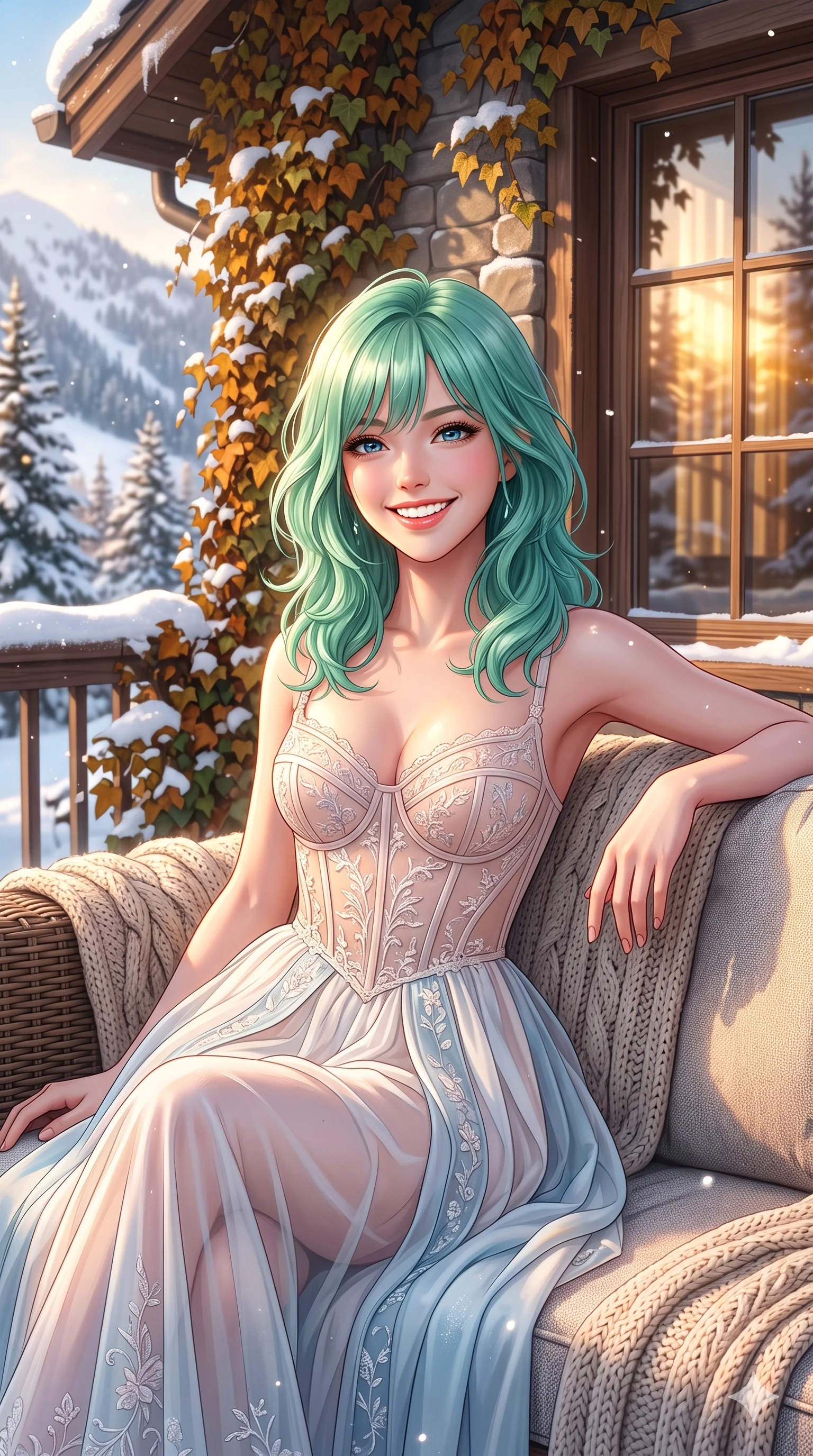 score_9, masterpiece, best quality, ultra-detailed, high-budget anime keyframe, vibrant anime aesthetic, Japanese woman. cowboy shot from the thighs up, character and outfit filling the frame for maximum presence. She is leaning back against a sofa with a bright, radiant winter smile on her face in snow by a private villa terrace filled with autumn ivy (Code-P21-181). She has an absolutely perfect 8-heads proportion, an exceptionally tall and slender female figure with impossibly long slender legs and an ultra-slim waist. V-shaped jawline, high-bridge nose, intricate jewel-like eyes with depth, thick eyelashes, glossy lips with a natural sheen. wearing a sheer chiffon dress with a pink corset bodice in winter. She is bathed in warm, golden sunbeams reflecting off the cabin window panes. 2k, ultra detail, master piece, 9:16 ratio