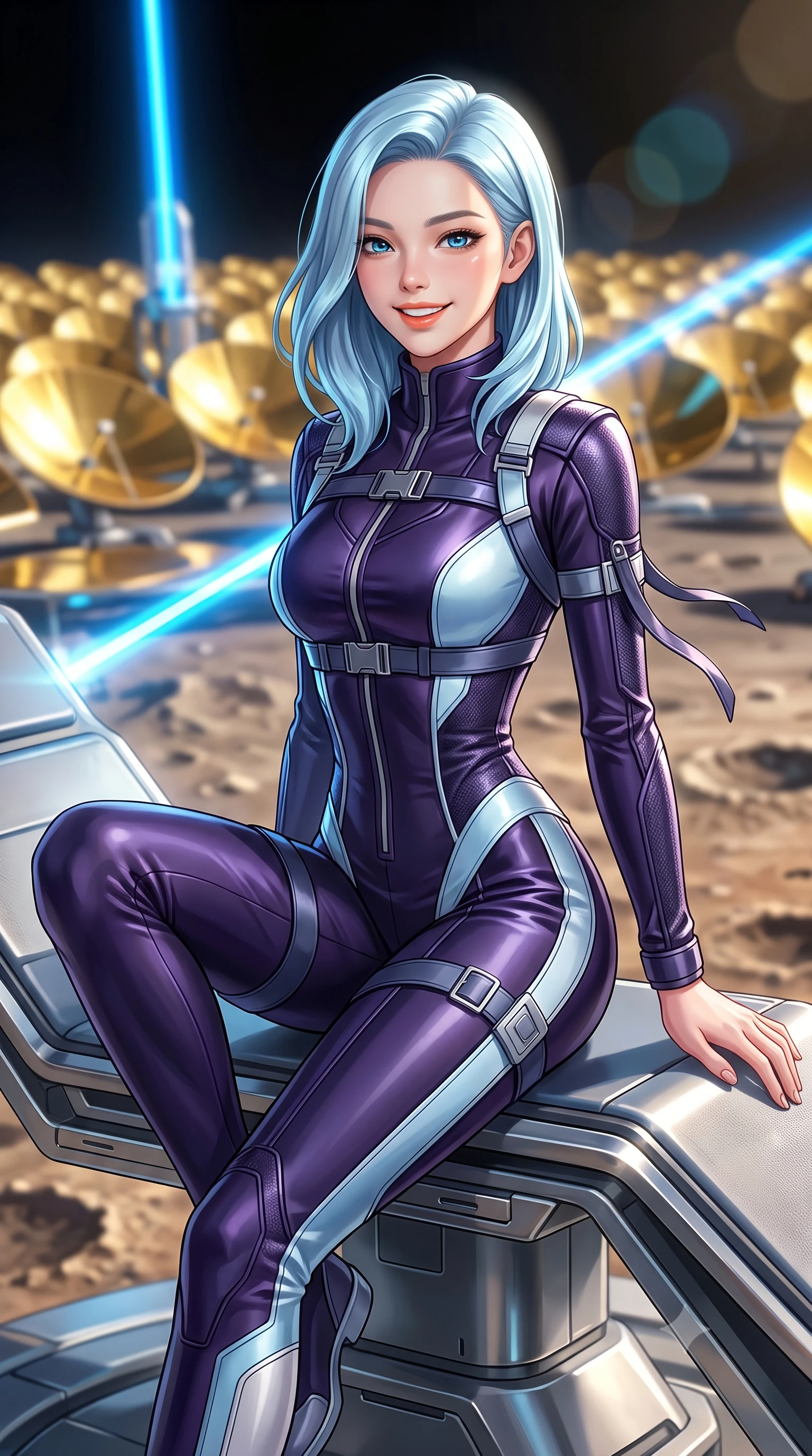 score_9, masterpiece, best quality, ultra-detailed, high-budget anime keyframe, semi-realistic 3D game render, editorial fashion photography, tasteful artistic composition, Korean woman. close-up cowboy shot from the waist and thighs up, the character dominates the composition, filling the frame with her large presence. perched sideways on the lounge seat, one knee drawn up to showcase her slender leg line while her arched back accentuates her feminine hip curve while sitting poised on the titanium sensor housing with one knee bent, arching her back with playful combat charisma and parted glossy lips. The background shows a soft-focus vast fields of polished gold-coated parabolic mirrors reflecting the sun, blazing blue laser conduits, and scorched cratered Mercury surface blurred into gold, cyan, and charcoal bokeh. She has an exceptionally elegant, slender, and willowy female figure with an ultra-slim waist, flat toned midriff, narrow ribcage, and sculpted feminine hips creating an alluring, slim hourglass silhouette without bulk. sharp v-shaped jawline, high-bridge nose, intricate jewel-like sparkling eyes with depth, thick eyelashes, glossy parted lips with a natural peach sheen, bright cheerful beaming smile with an enchanting and coquettish sensual glint, exuding both youthful cute charm and seductive allure, flawlessly proportioned anatomical accuracy, strict slender model proportions, natural body alignment, perfectly sculpted long slender limbs, ultra-slim waistline, clean dynamic posture without body distortion. wearing a form-fitting orbital flight command jumpsuit in dark purple liquid satin with a high collar, contouring tightly to her narrow waist and feminine hips in arctic cryo-glacier ice blue and platinum white, woven from structured carbon-fiber jacquard with rich textural depth, finished with sleek magnetic buckle closures fluttering in the breeze, the bespoke structured tailoring following the natural line of her 8.5-heads silhouette with refined elegance. bathed in pure high-intensity 5500K focused solar light contrasted with deep jet-black space shadows. highly saturated vibrant anime colors, detailed shading with soft gradients, rich glossy textures, high-contrast stereoscopic depth, volumetric dynamic lighting, master piece, 9:16 ratio