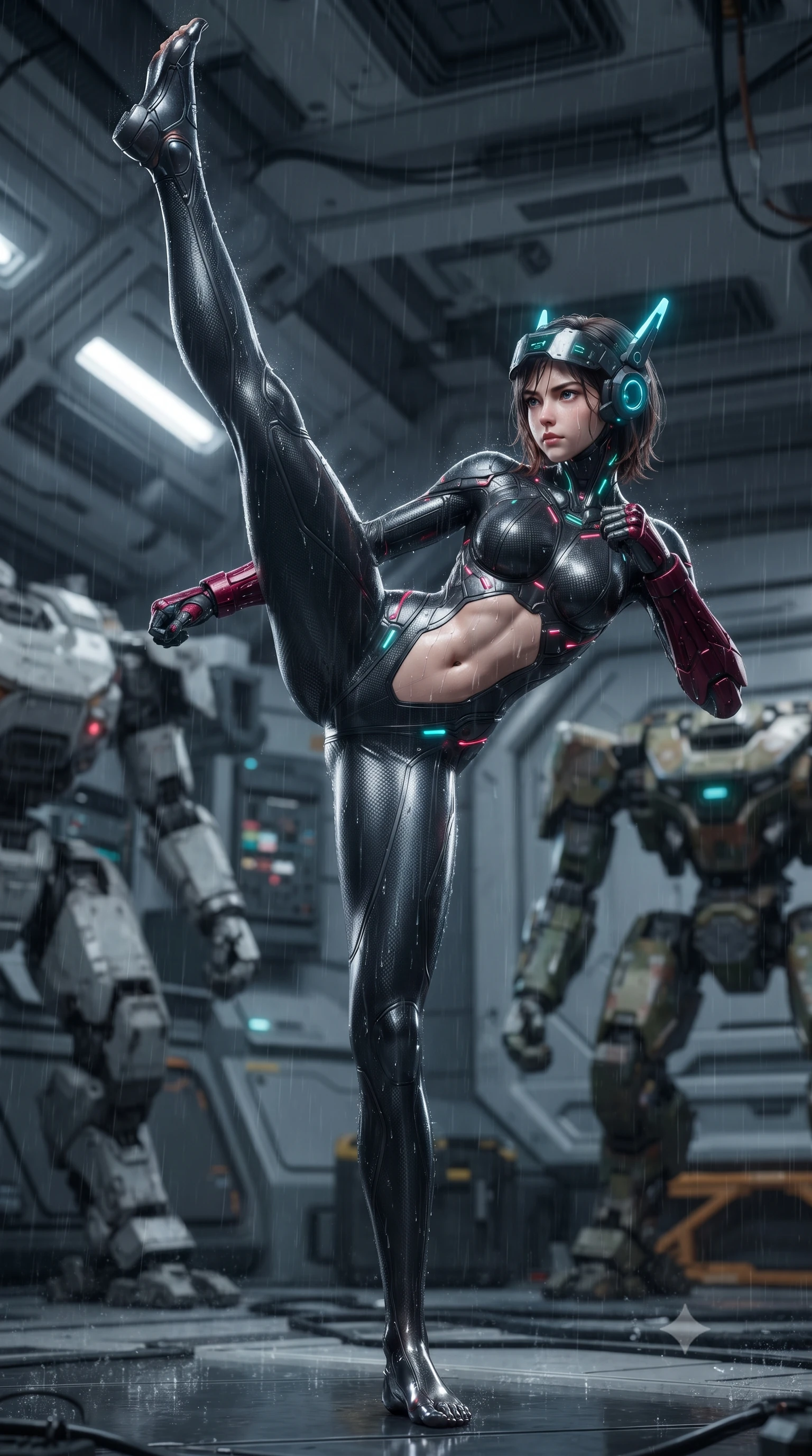 score_9, masterpiece, best quality, ultra-detailed, high-budget anime keyframe, editorial fashion photography, tasteful artistic composition, Korean woman. low angle full-body shot from head to toe showing her feet, filling the entire 9:16 vertical frame with her statuesque presence, stretching her vertical silhouette. executing a breathtaking zero-gravity high-kick with full 180-degree vertical extension, her impossibly long slender legs dominating the frame with razor-sharp poise while arching her spine in a fluid stretch as rain washes the dust from her bare neck and determined face. The surrounding environment is rendered in vivid detail and crisp panoramic clarity. sharp hydraulic piston seams, rain droplet tracks on skin, and battle-scuffed armor details in high clarity. She has an absolutely perfect, statuesque 8.5-heads proportion, an exceptionally tall and slender model-like female figure with impossibly long slender legs, a toned flat midriff, and an ultra-slim waist. sharp v-shaped jawline, high-bridge nose, intricate jewel-like eyes with depth, thick eyelashes, glossy lips with a natural sheen, fierce and resolute heroine expression, flawlessly proportioned anatomical accuracy, strict slender model proportions, natural body alignment, perfectly sculpted long slender limbs, ultra-slim waistline, clean dynamic posture without body distortion. wearing a lightweight carbon-fiber tactical sensory headpiece with glowing cyan ear-antennae and an ultra-thin forehead HUD brow-band, paired with a skin-tight dark carbon-weave combat bodysuit with glowing neon energy conduits and reinforced Damascus-pattern forearm strike guards in deep battle-scarred crimson carbon weave with specular dark chrome accents, tailored from flexible second-skin ballistic carbon-mesh adhering flawlessly to her athletic build, finished with high-mobility flexible armor articulation seams and miniature magnetic locks, the precision-cut daring openings accentuating her delicate midriff, graceful bare collarbones, and ultra-slim feminine waistline. illuminated by crisp specular highlights sharply tracing her sculpted flat midriff, waist, and long slender legs. ultra-reflective glossy finish, specular highlights, dark metallic sheen, high-contrast stereoscopic depth, volumetric dynamic lighting, 2k, ultra detail, master piece, 9:16 ratio