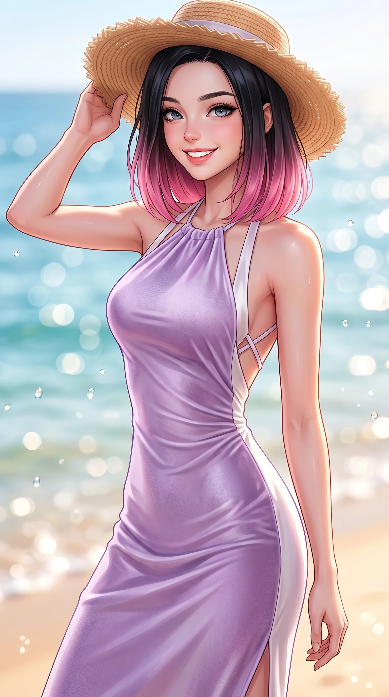 score_9, masterpiece, best quality, ultra-detailed, high-budget anime keyframe, editorial fashion photography, tasteful artistic composition, Korean woman. close-up cowboy shot from the waist and thighs up, the character dominates the composition, filling the frame with her large presence. Radiant youthful grin reflecting girlhood charm while casting a playful, joyful side-gaze with heavy lashes while holding her straw hat lightly against the fresh sea breeze while smiling at the camera. The composition keeps background elements in soft focus with dreamy bokeh. warm tropical ocean light reflecting off water droplets blurred into a soft backdrop. She has an exceptionally elegant, slender, and willowy female figure with an ultra-slim waist, a gracefully sculpted slender torso, and a refined silhouette. sharp v-shaped jawline, high-bridge nose, intricate jewel-like eyes with depth, thick eyelashes, glossy lips with a natural sheen, flawlessly proportioned anatomical accuracy, natural body alignment, perfectly sculpted elegant limbs, clean dynamic posture without body distortion. wearing a velvet halter-neck midi dress fitting her statuesque contour flawlessly in soft lavender violet and pearl white, crafted from smooth liquid silk satin, finished with delicate criss-cross back straps highlighting her bare shoulders, the elegant draped fit framing her graceful clavicle and slender torso. surrounded by a fresh, sun-drenched, and relaxing vacation atmosphere. highly saturated vibrant anime colors, detailed shading with soft gradients, rich glossy textures, high-contrast stereoscopic depth, volumetric dynamic lighting, master piece, 9:16 ratio