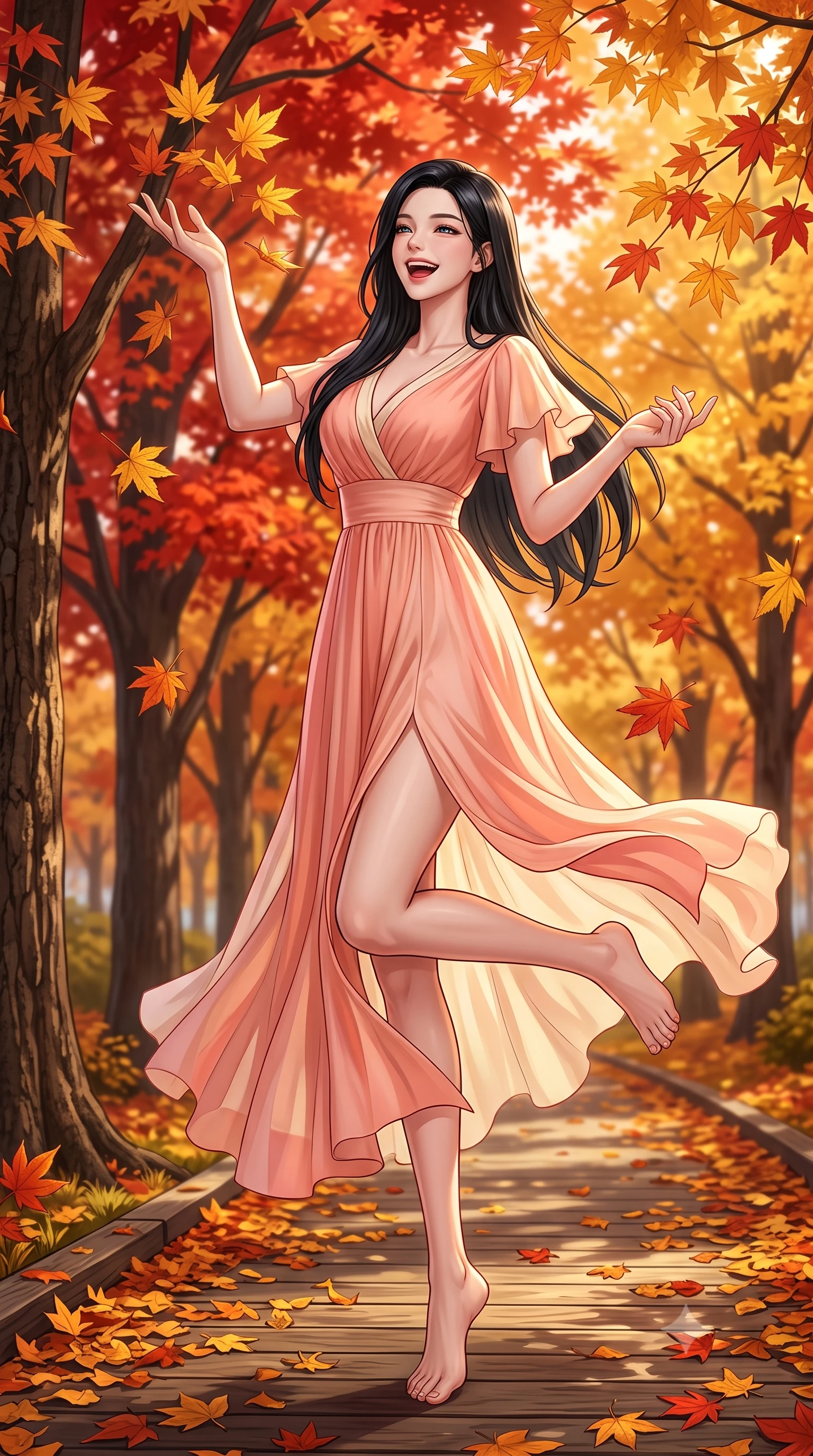 score_9, masterpiece, best quality, ultra-detailed, high-budget anime keyframe, semi-realistic 3D game render, editorial fashion photography, tasteful artistic composition, Korean woman. low angle full-body shot from head to toe showing her feet, filling the entire 9:16 vertical frame with her statuesque presence, stretching her vertical silhouette. standing poised on one leg with a playful hop and joyful expression, her long legs and slender figure highlighted against the landscape while tossing a handful of golden maple leaves into the crisp autumn air with a bright, childlike laugh. The surrounding environment is rendered in vivid detail and crisp panoramic clarity. distinct maple leaf veins, textured tree bark, and fallen leaf-covered timber pathways in deep focus. She has an absolutely perfect, statuesque 8.5-heads proportion, an exceptionally tall and slender model-like female figure with impossibly long slender legs, a toned flat midriff, and an ultra-slim waist. sharp v-shaped jawline, high-bridge nose, intricate jewel-like eyes with depth, thick eyelashes, glossy lips with a natural sheen, pure and lovely fresh girlhood expression, flawlessly proportioned anatomical accuracy, strict slender model proportions, natural body alignment, perfectly sculpted long slender limbs, ultra-slim waistline, clean dynamic posture without body distortion. wearing a flowy silk-chiffon maxi dress with a gentle side slit and fluttering hemline in warm peach blossom pink and champagne ivory, knitted from ultra-soft cozy baby-cashmere yarn, featuring elegant flutter sleeves and a graceful open collar, the breezy lightweight fabric fluttering softly against her delicate collarbones, narrow waist, and feminine curves. bathed in warm amber afternoon autumn sunlight filtering through glowing red and gold canopies. highly saturated vibrant anime colors, detailed shading with soft gradients, rich glossy textures, high-contrast stereoscopic depth, volumetric dynamic lighting, master piece, 9:16 ratio