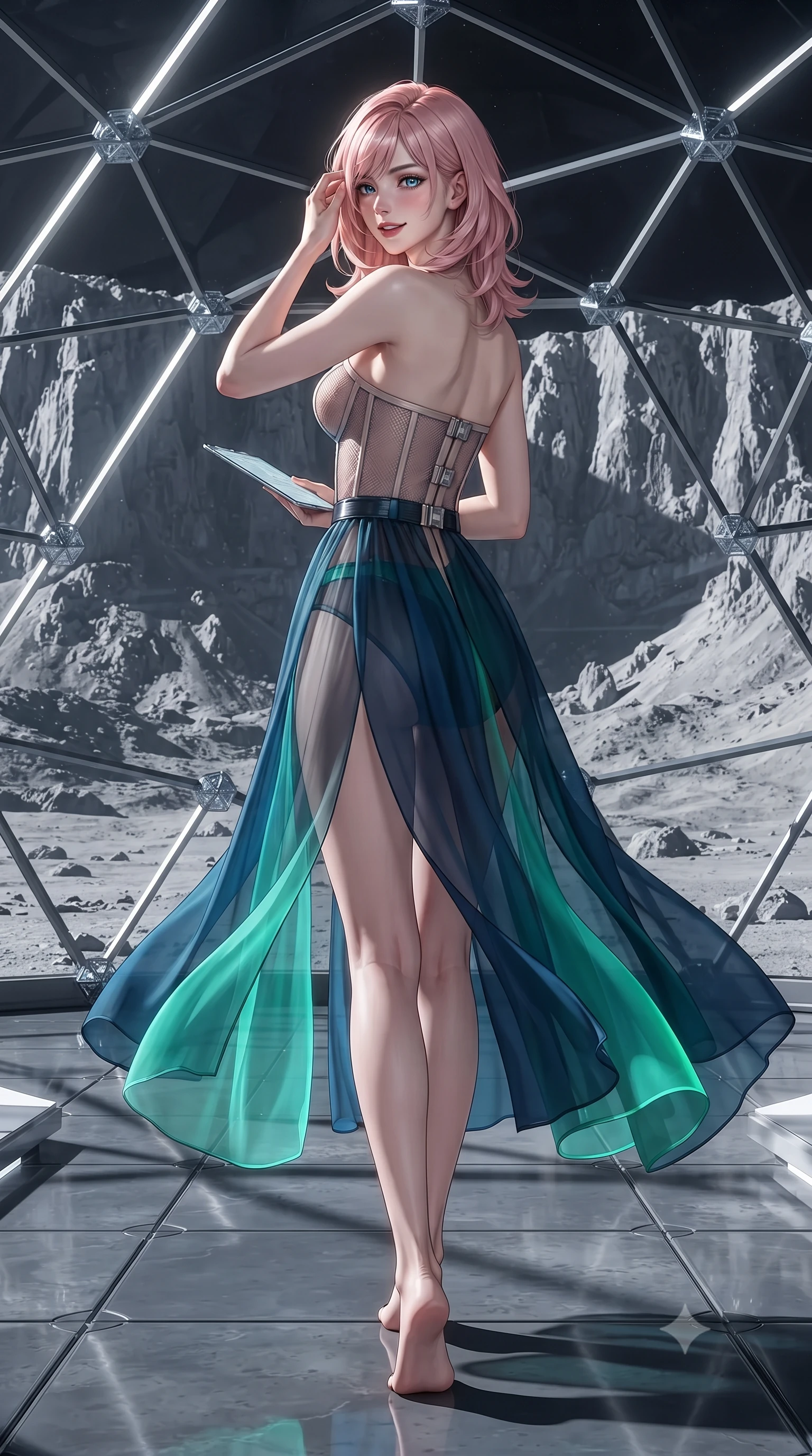 score_9, masterpiece, best quality, ultra-detailed, high-budget anime keyframe, editorial fashion photography, tasteful artistic composition, Japanese woman. low angle full-body shot from head to toe showing her feet, filling the entire 9:16 vertical frame with her statuesque presence, stretching her vertical silhouette. walking along the terrace with poise, looking back over her bare shoulder with an irresistible smoldering bedroom-gaze while standing poised inside the pressurized geodesic glass dome overlooking the towering lunar mountain rims of Shackleton Crater, arching her spine with ethereal supermodel poise. The surrounding environment is rendered in vivid detail and crisp panoramic clarity: sharp faceted geodesic glass node brackets, pristine lunar regolith texture outside, and polished lunar glass tiles inside in deep focus. She has an exceptionally tall and slender model-like 8.5-heads proportion, an ultra-slim waist, a flat toned midriff, narrow delicate ribcage, and beautifully sculpted feminine hips creating a graceful, slim hourglass silhouette without any bulky heaviness, with impossibly long slender legs. sharp v-shaped jawline, high-bridge nose, intricate jewel-like sparkling eyes with depth, thick eyelashes, glossy parted lips with a natural peach sheen, bright cheerful beaming smile with an enchanting and coquettish sensual glint, exuding both youthful cute charm and seductive allure, flawlessly proportioned anatomical accuracy, strict slender model proportions, natural body alignment, perfectly sculpted long slender limbs, ultra-slim waistline, clean dynamic posture without body distortion. wearing a provocative translucent mesh corset bodice with boned satin channels paired with a sheer chiffon wrap skirt in abyssal ocean sapphire and bioluminescent emerald, featuring strategic sheer-illusion tulle side panels framing her ribcage and hips, finished with sleek magnetic buckle closures fluttering in the breeze, the impeccably tailored cut draping gracefully along her slender figure with aristocratic poise. illuminated by basalt tile reflection bounce and sharp Earth-blue rim lights sculpting her jawline, narrow waist, and curvy hips. ultra-reflective glossy finish, specular highlights, rich textural contrasts, high-contrast stereoscopic depth, volumetric dynamic lighting, 2k, ultra detail, master piece, 9:16 ratio