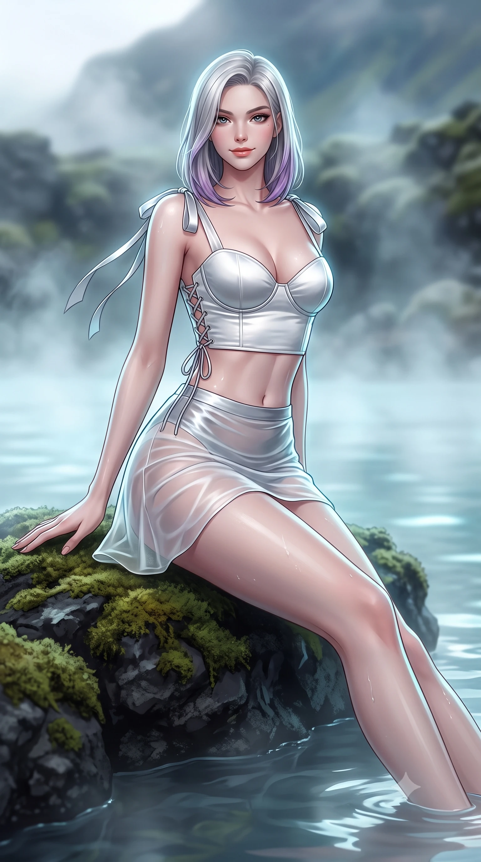 score_9, masterpiece, best quality, ultra-detailed, high-budget anime keyframe, editorial fashion photography, tasteful artistic composition, Caucasian woman. close-up cowboy shot from the waist and thighs up, the character dominates the composition, filling the frame with her large presence. tilting her head with a teasing half-smile, running one hand slowly down the side of her hip in a flirtatious S-curve as ambient light caresses her silhouette while lounging in the warm geothermal water propped on the mossy lava rim with legs extended, her statuesque 8.5-heads silhouette commanding the sanctuary. The background shows a soft-focus rising mineral silica steam softened in ultra-luxury Nordic wellness sanctuary shallow focus. She has an exceptionally elegant, slender, and willowy female figure with an ultra-slim waist, flat toned midriff, narrow ribcage, and sculpted feminine hips creating an alluring, slim hourglass silhouette without bulk. sharp v-shaped jawline, high-bridge nose, intricate jewel-like sparkling eyes with depth, thick eyelashes, glossy parted lips with a natural peach sheen, bright cheerful beaming smile with an enchanting and coquettish sensual glint, exuding both youthful cute charm and seductive allure, flawlessly proportioned anatomical accuracy, strict slender model proportions, natural body alignment, perfectly sculpted long slender limbs, ultra-slim waistline, clean dynamic posture without body distortion. wearing a sculpted satin underwire crop bustier with lace-up side ties paired with a micro skirt in pure translucent crystal white and liquid platinum, made of fluid liquid jersey with seamless sculpting hold and smooth contours, finished with satin ribbon ties at the shoulders fluttering in the gentle breeze, the liquid-tight tailored fabric clinging flawlessly to her narrow waist and rounded feminine hips, emphasizing every millimeter of her sculpted slim hourglass curves without any bulky heaviness. illuminated by milky water surface specular bounce and sharp platinum-cyan rim lights sculpting her jawline, narrow waist, and curvy hips. ultra-reflective glossy finish, specular highlights, rich textural contrasts, high-contrast stereoscopic depth, volumetric dynamic lighting, 2k, ultra detail, master piece, 9:16 ratio