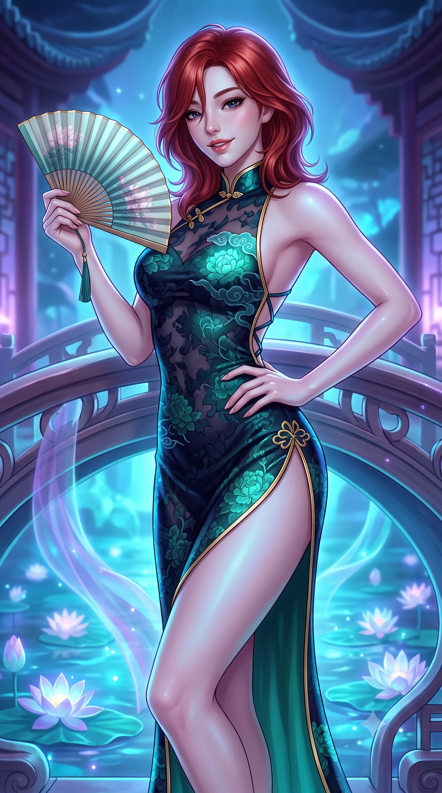score_9, masterpiece, best quality, ultra-detailed, high-budget anime keyframe, semi-realistic 3D game render, editorial fashion photography, tasteful artistic composition, Korean woman. close-up cowboy shot from the waist and thighs up, the character dominates the composition, filling the frame with her large presence. twisting her slender torso in an alluring contrapposto stance, one hand resting on her sculpted hip while holding a traditional silk folding fan with effortless poise while leaning against the curved bridge balustrade with hips cocked back, casting an enchanting, ethereal bedroom-gaze into the glowing waters. The surrounding environment is rendered in vivid detail and crisp panoramic clarity: detailed flowing silk gown drape, bioluminescent reflections on skin, and sacred sanctuary architecture in razor-sharp precision. She has an exceptionally elegant, slender, and willowy female figure with an ultra-slim waist, flat toned midriff, narrow ribcage, and sculpted feminine hips creating an alluring, slim hourglass silhouette without bulk. sharp v-shaped jawline, high-bridge nose, intricate jewel-like dark sparkling almond eyes with depth, thick lashes, glossy parted lips with a natural rose-plum sheen, bright alluring and coquettish smile with bedroom-eyes, exuding both timeless oriental elegance and sovereign high-fashion allure, flawlessly proportioned anatomical accuracy, strict slender model proportions, natural body alignment, perfectly sculpted long slender limbs, ultra-slim waistline, clean dynamic posture without body distortion. wearing a backless lace-up silk sundress with traditional cloud embroidery and an ultra-fitted hip-hugging silhouette in deep midnight obsidian and luminous imperial jade green, woven from delicate semi-opaque floral lace with oriental peony patterns, finished with sharp laser-cut side hip slits framed by gold piping, the form-contouring cut accentuating her sculpted flat midriff, narrow delicate ribcage, and gracefully curvy hips with regal oriental supermodel elegance. bathed in magical cyan and violet bioluminescent light radiating from the lotus pond. highly saturated vibrant anime colors, detailed shading with soft gradients, rich glossy textures, high-contrast stereoscopic depth, volumetric dynamic lighting, master piece, 9:16 ratio