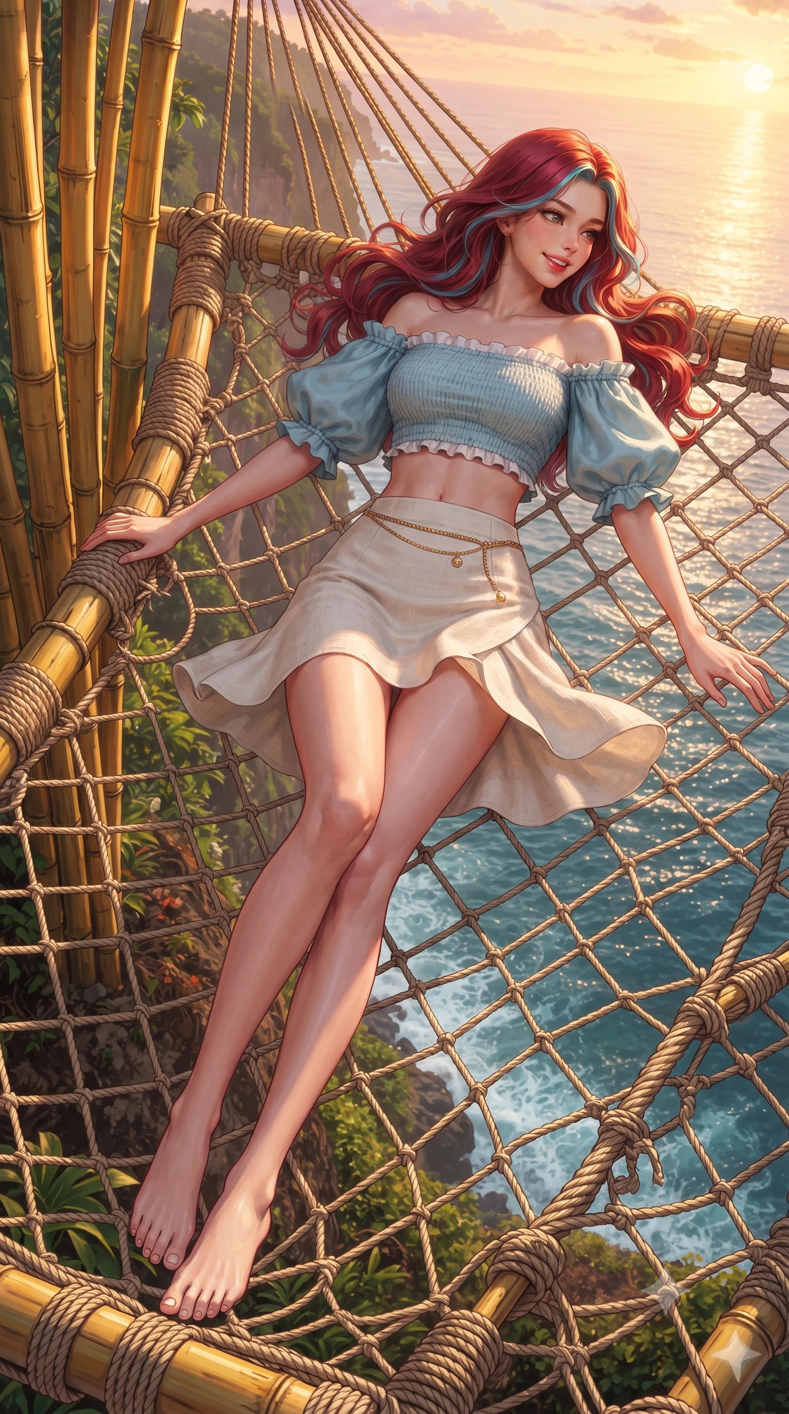 score_9, masterpiece, best quality, ultra-detailed, high-budget anime keyframe, editorial fashion photography, tasteful artistic composition, Caucasian woman. low angle full-body shot from head to toe showing her feet, filling the entire 9:16 vertical frame with her statuesque presence, stretching her vertical silhouette. executing a cheerful mid-motion pivot turn as her resort dress flutters around her slender legs, glancing over her shoulder with an intoxicating, teasing bedroom-gaze while reclining languidly on an oversized net suspended over the cliff edge, her long slender limbs and toned flat midriff glowing in the tropical sunset. The surrounding environment is rendered in vivid detail and crisp panoramic clarity. sharp golden bamboo stalk textures, woven rattan rope bindings, and ocean spray mist clarity in deep focus. She has an exceptionally tall and slender model-like 8.5-heads proportion, an ultra-slim waist, a flat toned midriff, narrow delicate ribcage, and beautifully sculpted feminine hips creating a graceful, slim hourglass silhouette without any bulky heaviness, with impossibly long slender legs. sharp v-shaped jawline, high-bridge nose, sparkling amber-hazel eyes with depth, long lush eyelashes, glossy sun-kissed lips with a warm coral glaze, radiant teasing smile with sensual sunlit bedroom-eyes, exuding effortless old-money elegance and intoxicating sun-drenched allure, flawlessly proportioned anatomical accuracy, strict slender model proportions, natural body alignment, perfectly sculpted long slender limbs, ultra-slim waistline, clean dynamic posture without body distortion. wearing a chic off-shoulder smocked crop blouse paired with a tight high-waisted linen A-line mini skirt emphasizing her curvy hips in Capri sea-spray blue and crisp linen white, formed from supple second-skin stretch ribbed knit clinging to her form, finished with a delicate gold snake chain belt resting loosely on her curvy hips, the high-waisted tailoring accentuating her ultra-slim waistline and the enchanting curve of her feminine hips with alluring sunlit charm. bathed in dramatic tropical ocean sunset rays of warm gold and magenta. ultra-reflective glossy finish, specular highlights, rich textural contrasts, high-contrast stereoscopic depth, volumetric dynamic lighting, 2k, ultra detail, master piece, 9:16 ratio