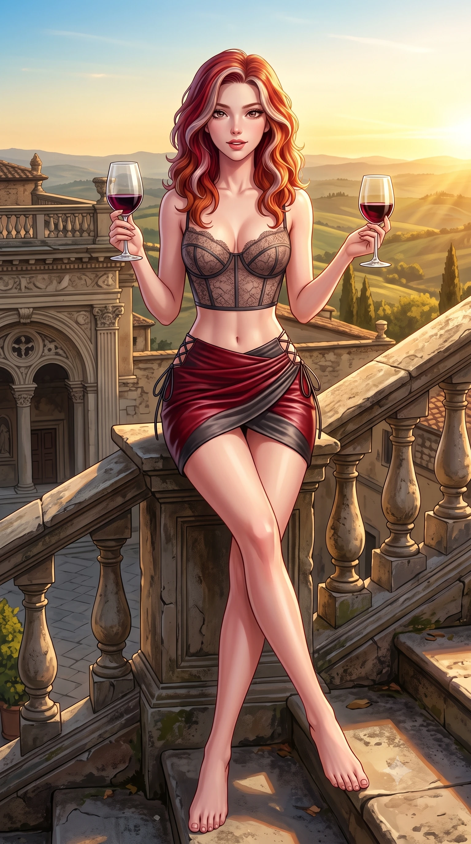 score_9, masterpiece, best quality, ultra-detailed, high-budget anime keyframe, semi-realistic 3D game render, editorial fashion photography, tasteful artistic composition, Caucasian woman. low angle full-body shot from head to toe showing her feet, filling the entire 9:16 vertical frame with her statuesque presence, stretching her vertical silhouette. stepping slowly toward the camera with hypnotic grace, hips swaying in an alluring sensual rhythm that accentuates her curvy hourglass silhouette and long slender legs while sitting perched on the terrace stone steps with legs crossed, holding a crystal glass of Brunello di Montalcino with an alluring, parted-lip smile. The surrounding environment is rendered in vivid detail and crisp panoramic clarity: detailed plunging cowl-neck liquid silk gown cling, gold waist chain shine, and Renaissance Italian architecture in razor-sharp precision. She has an absolutely perfect, statuesque 8.5-heads proportion, an exceptionally tall and slender model-like female figure with impossibly long slender legs, an ultra-slim waist, a flat toned midriff, narrow delicate ribcage, and beautifully sculpted feminine hips creating a graceful, slim hourglass silhouette without any bulky heaviness. sharp v-shaped jawline, high-bridge nose, sparkling eyes with hypnotic seductive depth, thick curled eyelashes, glossy parted lips with a natural dewy peach sheen, alluring bedroom-eyes with an enchanting coquettish smile, exuding magnetic siren charisma and sophisticated glamour, flawlessly proportioned anatomical accuracy, strict slender model proportions, natural body alignment, perfectly sculpted long slender limbs, ultra-slim waistline, clean dynamic posture without body distortion. wearing a sculpted underwire demi-bustier in semi-sheer lace paired with an ultra-short draped tulip skirt in rich cherry lacquer and smoky charcoal, woven from buttery-soft stretch lambskin leather adhering to her body like a second skin, featuring fine criss-cross lace-up side ties revealing tantalizing glimpses of her hip curve, the form-contouring silhouette accentuating her sculpted flat midriff, narrow delicate ribcage, and gracefully curvy hips with intoxicating allure. bathed in the deep, rich golden hour sunlight streaming horizontally across the Tuscan rolling hills. highly saturated vibrant anime colors, detailed shading with soft gradients, rich glossy textures, high-contrast stereoscopic depth, volumetric dynamic lighting, master piece, 9:16 ratio