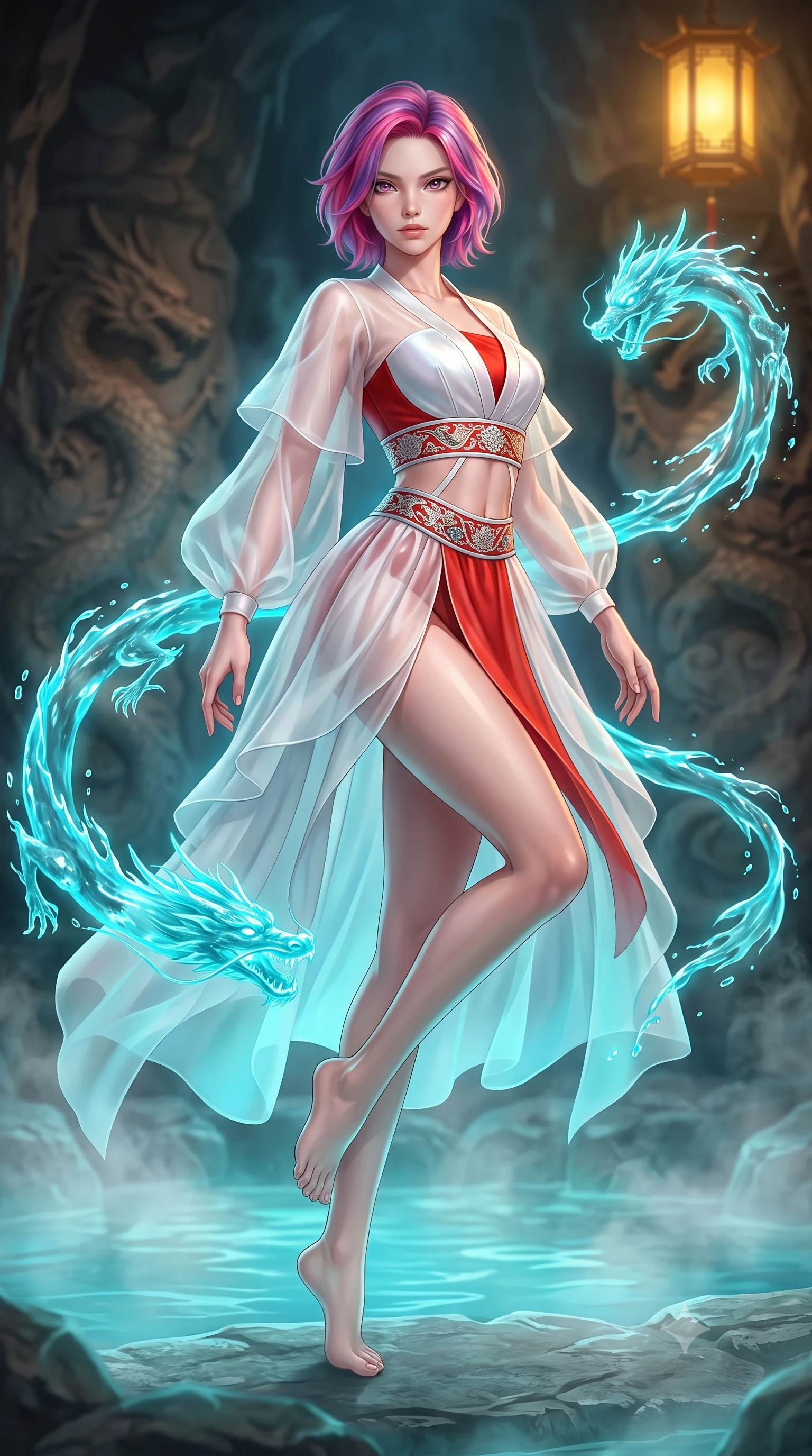 score_9, masterpiece, best quality, ultra-detailed, high-budget anime keyframe, semi-realistic 3D game render, editorial fashion photography, tasteful artistic composition, Caucasian woman. low angle full-body shot from head to toe showing her feet, filling the entire 9:16 vertical frame with her statuesque presence, stretching her vertical silhouette. landing lightly on the balls of her feet in a balanced kinetic stance, eyes locked onto the camera with fearless allure while pivoting gracefully as dragon-shaped water streams leap through the air, their cyan glow reflecting on her polished silk attire. The composition keeps background elements in soft focus with creamy bokeh. steaming mineral spring waters and carved dragon reliefs softened in atmospheric depth of field. She has an absolutely perfect, statuesque 8.5-heads proportion, an exceptionally tall and slender model-like female figure with impossibly long slender legs, a toned flat midriff, and an ultra-slim waist. sharp v-shaped jawline, high-bridge nose, intricate jewel-like eyes with depth, thick eyelashes, glossy lips with a natural sheen, captivating and magnetic expression, flawlessly proportioned anatomical accuracy, strict slender model proportions, natural body alignment, perfectly sculpted long slender limbs, ultra-slim waistline, clean dynamic posture without body distortion. wearing a modern fusion silk hanbok dress with sheer organza butterfly sleeves and a structured mother-of-pearl bodice in pure snow white and vermilion red, tailored from crisp ceremonial cotton and multi-layered translucent chiffon, finished with a wide embroidered waist band emphasizing her slender midriff, the precision-cut daring openings accentuating her delicate midriff, graceful bare collarbones, and ultra-slim feminine waistline. bathed in luminous cyan dragon spring uplights and warm imperial gold lantern downlights. highly saturated vibrant anime colors, detailed shading with soft gradients, rich glossy textures, high-contrast stereoscopic depth, volumetric dynamic lighting, master piece, 9:16 ratio