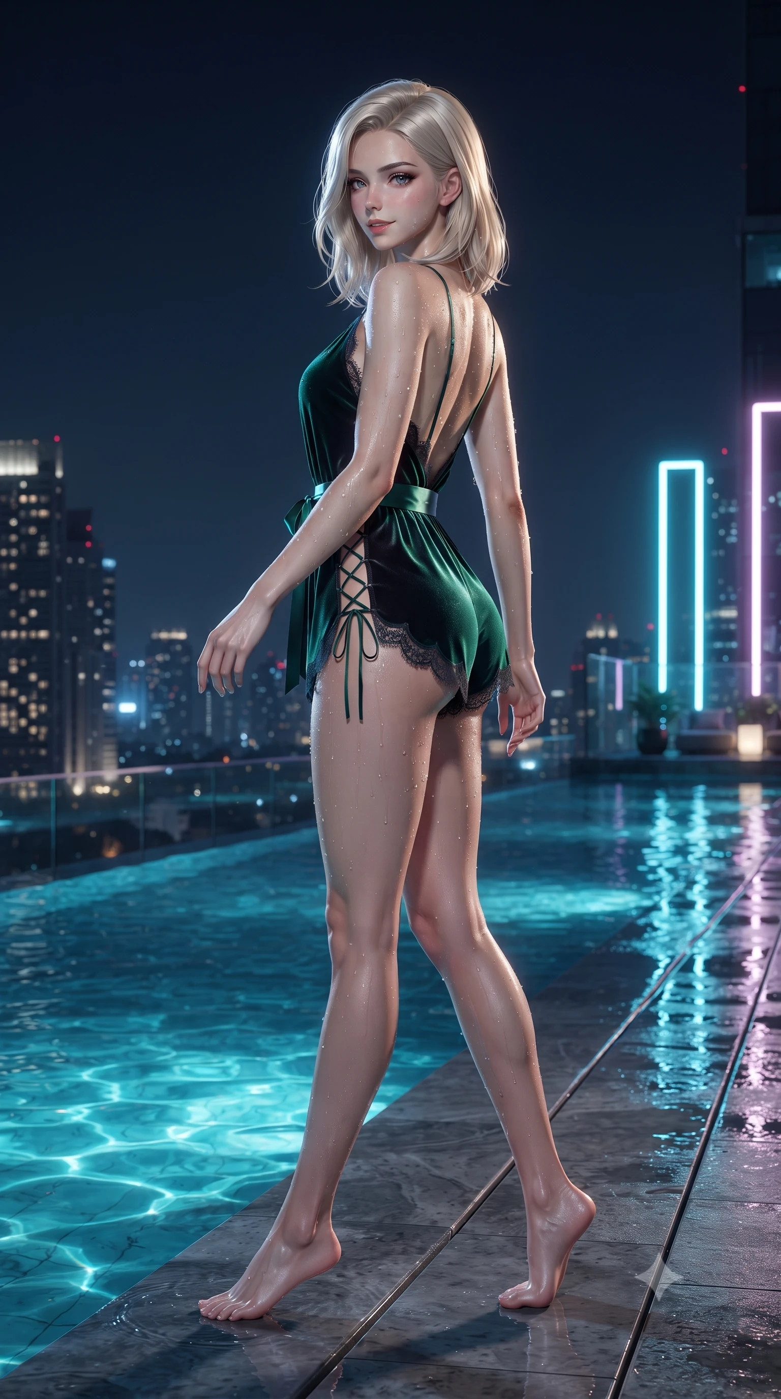 score_9, masterpiece, best quality, ultra-detailed, high-budget anime keyframe, editorial fashion photography, tasteful artistic composition, Caucasian woman. low angle full-body shot from head to toe showing her feet, filling the entire 9:16 vertical frame with her statuesque presence, stretching her vertical silhouette. walking along the illuminated pool edge with water droplets glinting on her skin, looking back over her bare shoulder with an irresistible smoldering bedroom-gaze while twisting her slender torso in an alluring contrapposto pose at the water's edge, molten turquoise pool caustics shimmering across her flat midriff and curvy hips. The surrounding environment is rendered in vivid detail and crisp panoramic clarity: sharp glass infinity edge rim reflections, water droplet bead clarity on skin, and crystalline neon tower lights in deep focus. She has an absolutely perfect, statuesque 8.5-heads proportion, an exceptionally tall and slender model-like female figure with impossibly long slender legs, an ultra-slim waist, a flat toned midriff, narrow delicate ribcage, and beautifully sculpted feminine hips creating a graceful, slim hourglass silhouette without any bulky heaviness. sharp v-shaped jawline, high-bridge nose, sparkling eyes with hypnotic seductive depth, thick curled eyelashes, glossy parted lips with a natural dewy peach sheen, alluring bedroom-eyes with an enchanting coquettish smile, exuding magnetic siren charisma and sophisticated high-fashion glamour, flawlessly proportioned anatomical accuracy, strict slender model proportions, natural body alignment, perfectly sculpted long slender limbs, ultra-slim waistline, clean dynamic posture without body distortion. wearing a plunge-neck stretch velvet romper with scalloped eyelash-lace hems and a cinched waist ribbon in iridescent emerald satin and dark charcoal velvet, crafted from fluid liquid silk satin that clings smoothly to every curve with a dewy sheen, featuring fine criss-cross lace-up side ties revealing tantalizing glimpses of her hip curve, the glove-like clinging cut tightly following the natural contour of her hips and long slender legs with youthful 8.5-heads elegance. illuminated by city skyline specular reflections and sharp platinum rim lights accentuating her razor-sharp jawline, narrow waist, and curvy hips. ultra-reflective glossy finish, specular highlights, rich textural contrasts, high-contrast stereoscopic depth, volumetric dynamic lighting, 2k, ultra detail, master piece, 9:16 ratio