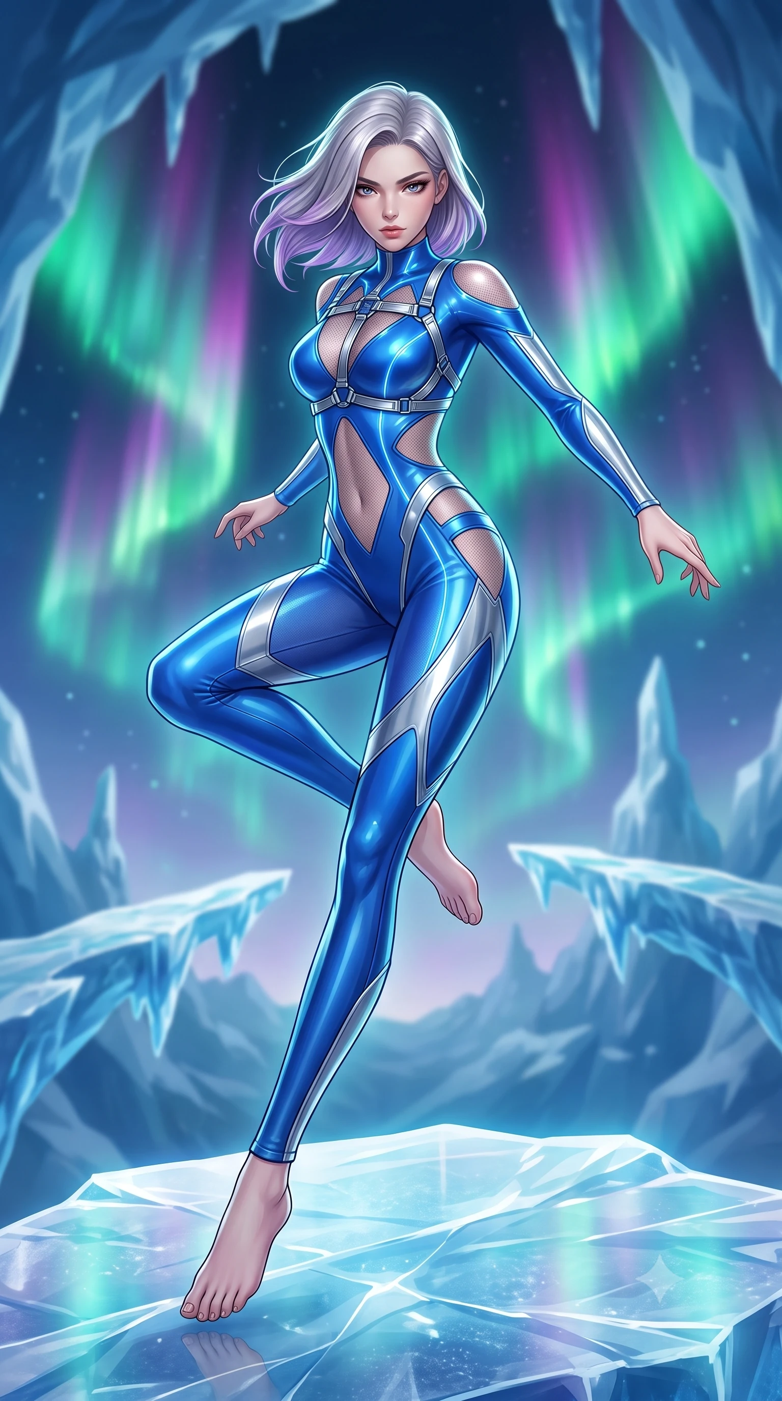 score_9, masterpiece, best quality, ultra-detailed, high-budget anime keyframe, semi-realistic 3D game render, editorial fashion photography, tasteful artistic composition, Caucasian woman. low angle full-body shot from head to toe showing her feet, filling the entire 9:16 vertical frame with her statuesque presence, stretching her vertical silhouette. performing an alluring mid-air vault with flawless poise, looking directly into the camera with smoldering intensity while pivoting dynamically on a polished ice dais as emerald and magenta aurora light curtains trace her statuesque silhouette. The composition keeps background elements in soft focus with creamy bokeh. floating ice bridges and distant glacial spires softened in smooth atmospheric depth of field. She has an absolutely perfect, statuesque 8.5-heads proportion, an exceptionally tall and slender model-like female figure with impossibly long slender legs, a toned flat midriff, and an ultra-slim waist. sharp v-shaped jawline, high-bridge nose, intricate jewel-like eyes with depth, thick eyelashes, glossy lips with a natural sheen, flawlessly proportioned anatomical accuracy, strict slender model proportions, natural body alignment, perfectly sculpted long slender limbs, ultra-slim waistline, clean dynamic posture without body distortion. wearing an ultra-sleek high-cut tech-bodysuit featuring dangerous diagonal slitted cutouts on the midriff and shoulders, reinforced by a metallic silver harness and sheer mesh sleeves in liquid electric cobalt blue and polished silver, tailored from semi-translucent cybernetic vinyl with glowing micro-filaments, accented with glowing fiber-optic seams tracing her collarbones and hip curves, the sleek second-skin cut tightly hugging her graceful clavicle, narrow waist, and feminine curves with athletic precision. surrounded by a majestic, pristine, and intensely seductive glacial royalty aura. highly saturated vibrant anime colors, detailed shading with soft gradients, rich glossy textures, high-contrast stereoscopic depth, volumetric dynamic lighting, master piece, 9:16 ratio