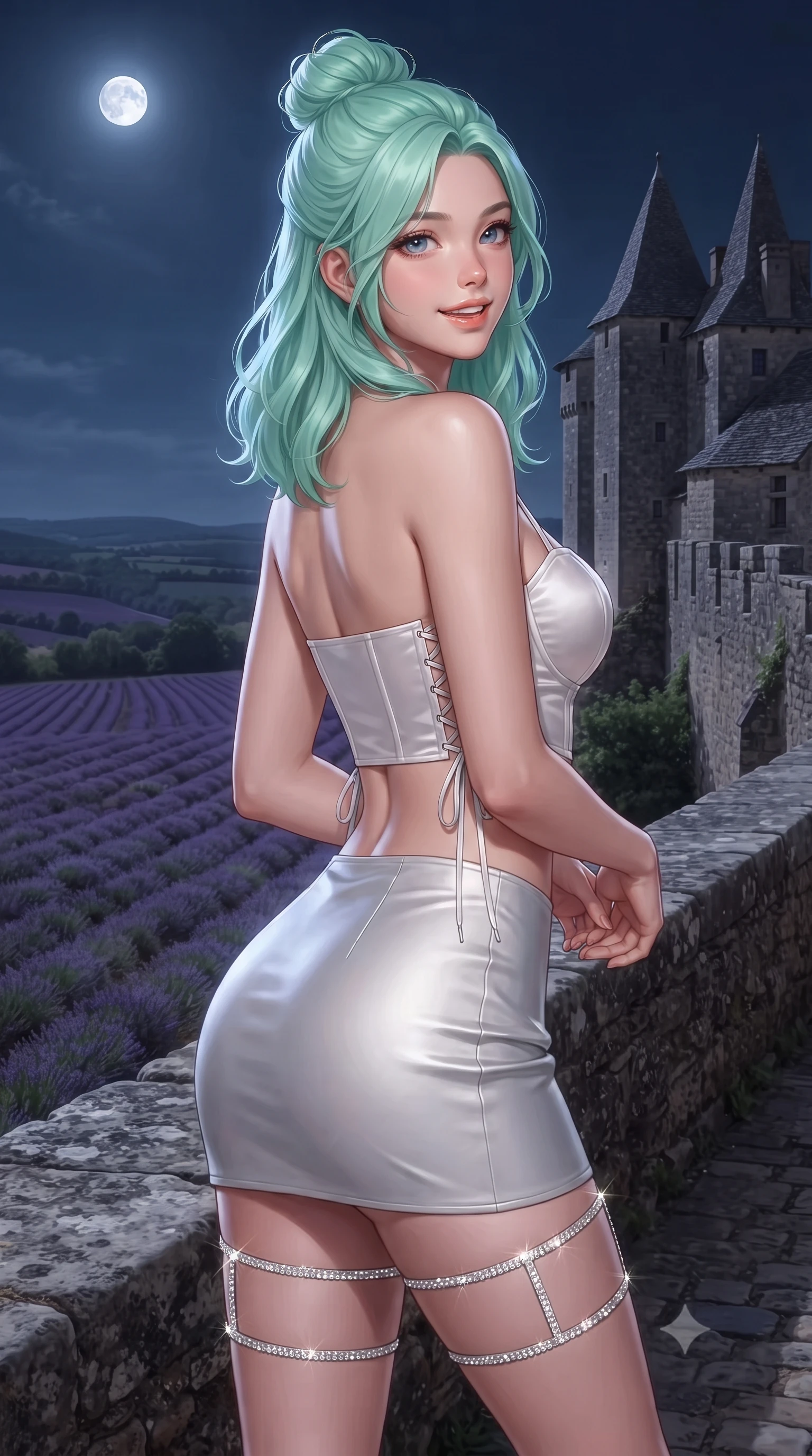 score_9, masterpiece, best quality, ultra-detailed, high-budget anime keyframe, editorial fashion photography, tasteful artistic composition, Japanese woman. close-up cowboy shot from the waist and thighs up, the character dominates the composition, filling the frame with her large presence. posing in an alluring rear three-quarter angle, looking over a bare shoulder with parted glossy lips, her hips cocked back to highlight her slim hourglass curve while standing poised on the ancient stone rampart of the hilltop château, arching her lower back with sovereign siren grace as rolling purple lavender valleys stretch under full moonlight. The surrounding environment is rendered in vivid detail and crisp panoramic clarity: detailed garment drape, silhouette lines, and historic French stonecraft in razor-sharp precision. She has an exceptionally elegant, slender, and willowy female figure with an ultra-slim waist, flat toned midriff, narrow ribcage, and sculpted feminine hips creating an alluring, slim hourglass silhouette without bulk. sharp v-shaped jawline, high-bridge nose, intricate jewel-like sparkling eyes with depth, thick eyelashes, glossy parted lips with a natural peach sheen, bright cheerful beaming smile with an enchanting and coquettish sensual glint, exuding both youthful cute charm and seductive allure, flawlessly proportioned anatomical accuracy, strict slender model proportions, natural body alignment, perfectly sculpted long slender limbs, ultra-slim waistline, clean dynamic posture without body distortion. wearing a sculpted satin underwire crop bustier with lace-up side ties paired with a micro skirt in pure translucent crystal white and liquid platinum, woven from buttery-soft stretch lambskin leather adhering to her body like a second skin, finished with delicate crystal-encrusted thigh garter straps glinting in the dim light, the impeccably tailored cut draping gracefully along her slender figure with aristocratic poise. illuminated by terrace stone bounce and sharp silver-lavender rim lights sculpting her razor-sharp jawline, narrow waist, and curvy hips. ultra-reflective glossy finish, specular highlights, rich textural contrasts, high-contrast stereoscopic depth, volumetric dynamic lighting, 2k, ultra detail, master piece, 9:16 ratio