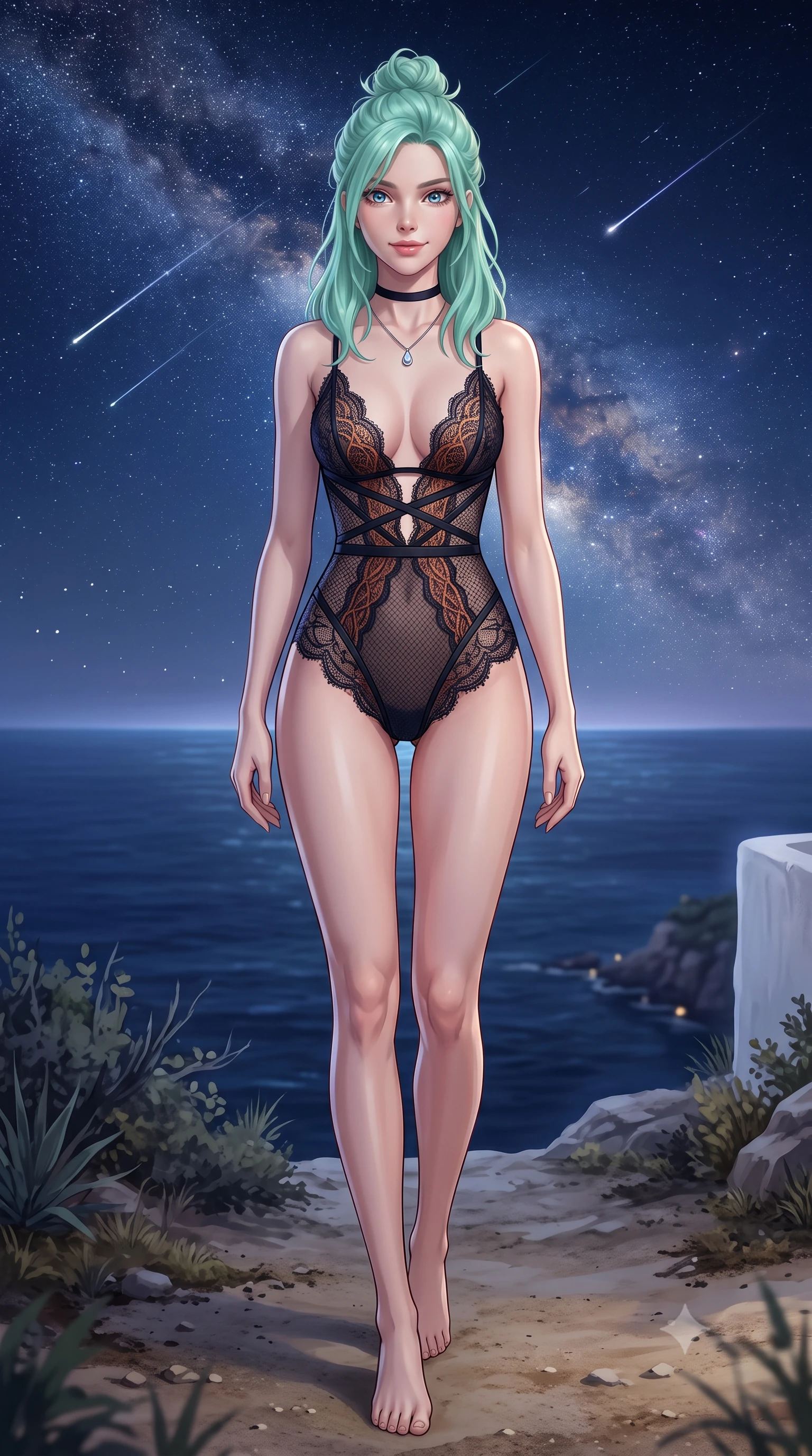 score_9, masterpiece, best quality, ultra-detailed, high-budget anime keyframe, semi-realistic 3D game render, editorial fashion photography, tasteful artistic composition, Japanese woman. low angle full-body shot from head to toe showing her feet, filling the entire 9:16 vertical frame with her statuesque presence, stretching her vertical silhouette. stepping slowly toward the camera with hypnotic grace, hips swaying in an alluring sensual rhythm that accentuates her curvy hourglass silhouette and long slender legs while reclining gracefully across the oversized white cushions propped on one elbow with legs extended, flashing an enchanting smile with parted glossy lips. The background shows a soft-focus vast panorama of the open Mediterranean Sea stretching to the horizon, shooting stars streaking across dense Milky Way starfields, and cliff edge shrubs blurred into indigo, diamond, and cream bokeh. She has an exceptionally tall and slender model-like 8.5-heads proportion, an ultra-slim waist, a flat toned midriff, narrow delicate ribcage, and beautifully sculpted feminine hips creating a graceful, slim hourglass silhouette without any bulky heaviness, with impossibly long slender legs. sharp v-shaped jawline, high-bridge nose, intricate jewel-like sparkling eyes with depth, thick eyelashes, glossy parted lips with a natural peach sheen, bright cheerful beaming smile with an enchanting and coquettish sensual glint, exuding both youthful cute charm and seductive allure, flawlessly proportioned anatomical accuracy, strict slender model proportions, natural body alignment, perfectly sculpted long slender limbs, ultra-slim waistline, clean dynamic posture without body distortion. wearing an ultra-daring sheer macramé lace bodysuit with deep plunge neckline and criss-cross strappy torso details in Lofoten midnight obsidian and warm hearth copper, made of delicate semi-sheer French Chantilly lace with intricate eyelash edges, finished with a thin velvet ribbon choker and a single teardrop diamond pendant, the liquid-tight tailored fabric clinging flawlessly to her narrow waist and rounded feminine hips, emphasizing every millimeter of her sculpted slim hourglass curves without any bulky heaviness. illuminated by white stucco bounce fill and sharp starlight-platinum rim lights defining her dewy collarbones, ultra-slim waist, and curvy hips. highly saturated vibrant anime colors, detailed shading with soft gradients, rich glossy textures, high-contrast stereoscopic depth, volumetric dynamic lighting, master piece, 9:16 ratio