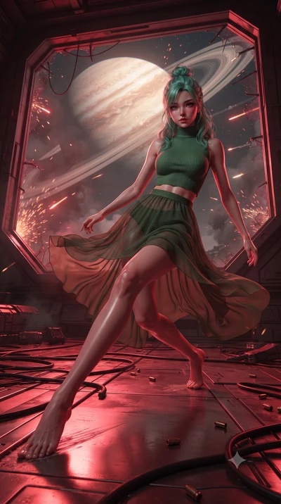 score_9, masterpiece, best quality, ultra-detailed, high-budget anime keyframe, editorial fashion photography, tasteful artistic composition, realistic cosplay photography, Japanese woman. low angle full-body shot from head to toe showing her feet, f