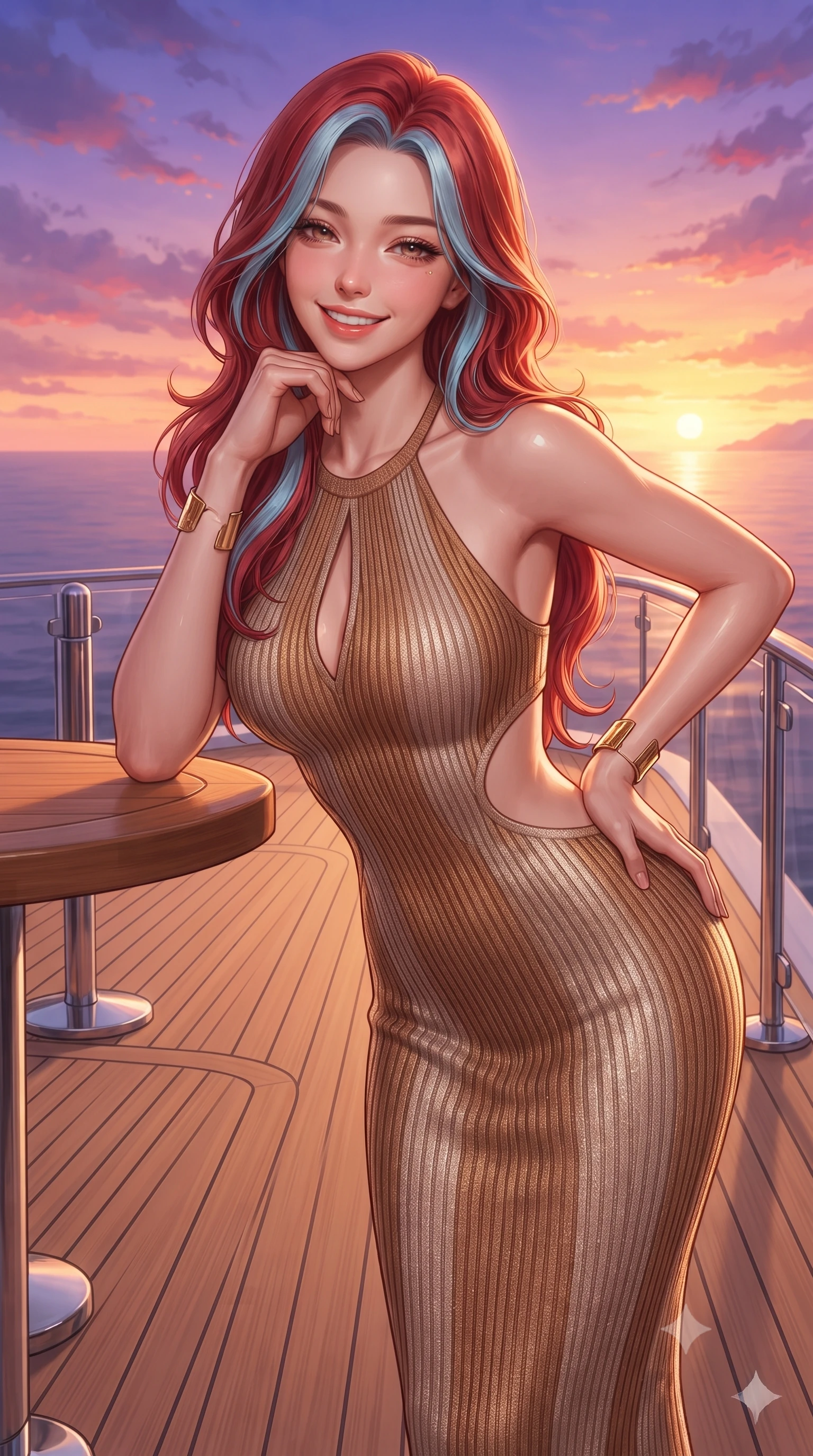 score_9, masterpiece, best quality, ultra-detailed, high-budget anime keyframe, editorial fashion photography, tasteful artistic composition, Caucasian woman. close-up cowboy shot from the waist and thighs up, the character dominates the composition, filling the frame with her large presence. resting one elbow on the table and supporting her chin, leaning close to the camera with heavy-lidded sparkling eyes and parted lips while standing poised on the expansive teak helipad as sunset paints the Mediterranean sky in violet and gold, arching her back with siren allure. The surrounding environment is rendered in vivid detail and crisp panoramic clarity: sharp natural teak deck plank caulking seams, polished stainless steel stanchion joints, and clear glass balustrade edges in deep focus. She has an exceptionally elegant, slender, and willowy female figure with an ultra-slim waist, flat toned midriff, narrow ribcage, and sculpted feminine hips creating an alluring, slim hourglass silhouette without bulk. sharp v-shaped jawline, high-bridge nose, intricate jewel-like sparkling eyes with depth, thick eyelashes, glossy parted lips with a natural peach sheen, bright cheerful beaming smile with an enchanting and coquettish sensual glint, exuding both youthful cute charm and seductive allure, flawlessly proportioned anatomical accuracy, strict slender model proportions, natural body alignment, perfectly sculpted long slender limbs, ultra-slim waistline, clean dynamic posture without body distortion. wearing a form-contouring ribbed knit halter dress with side-torso hourglass cutouts and a tasteful chest slit in warm toasted caramel and shimmering champagne, woven from buttery-soft stretch lambskin leather adhering to her body like a second skin, accented with delicate golden wrist cuffs reflecting warm chandelier light, the liquid-tight tailored fabric clinging flawlessly to her narrow waist and rounded feminine hips, emphasizing every millimeter of her sculpted slim hourglass curves without any bulky heaviness. bathed in the breathtaking 3000K golden hour sunlight transitioning into saturated crimson-coral twilight. ultra-reflective glossy finish, specular highlights, rich textural contrasts, high-contrast stereoscopic depth, volumetric dynamic lighting, 2k, ultra detail, master piece, 9:16 ratio