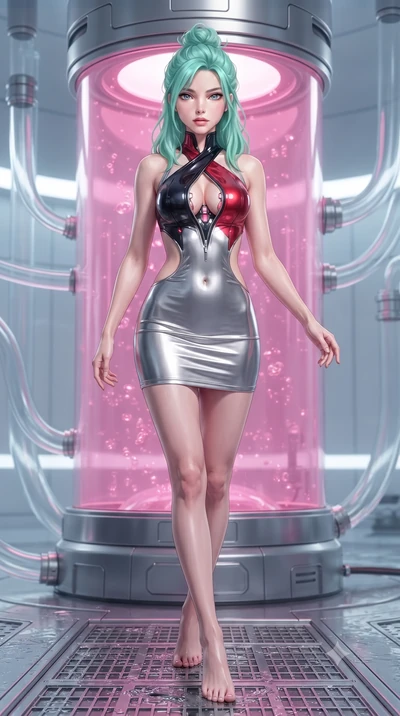 score_9, masterpiece, best quality, ultra-detailed, high-budget anime keyframe, editorial fashion photography, tasteful artistic composition, Japanese woman. low angle full-body shot from head to toe showing her feet, filling the entire 9:16 vertical