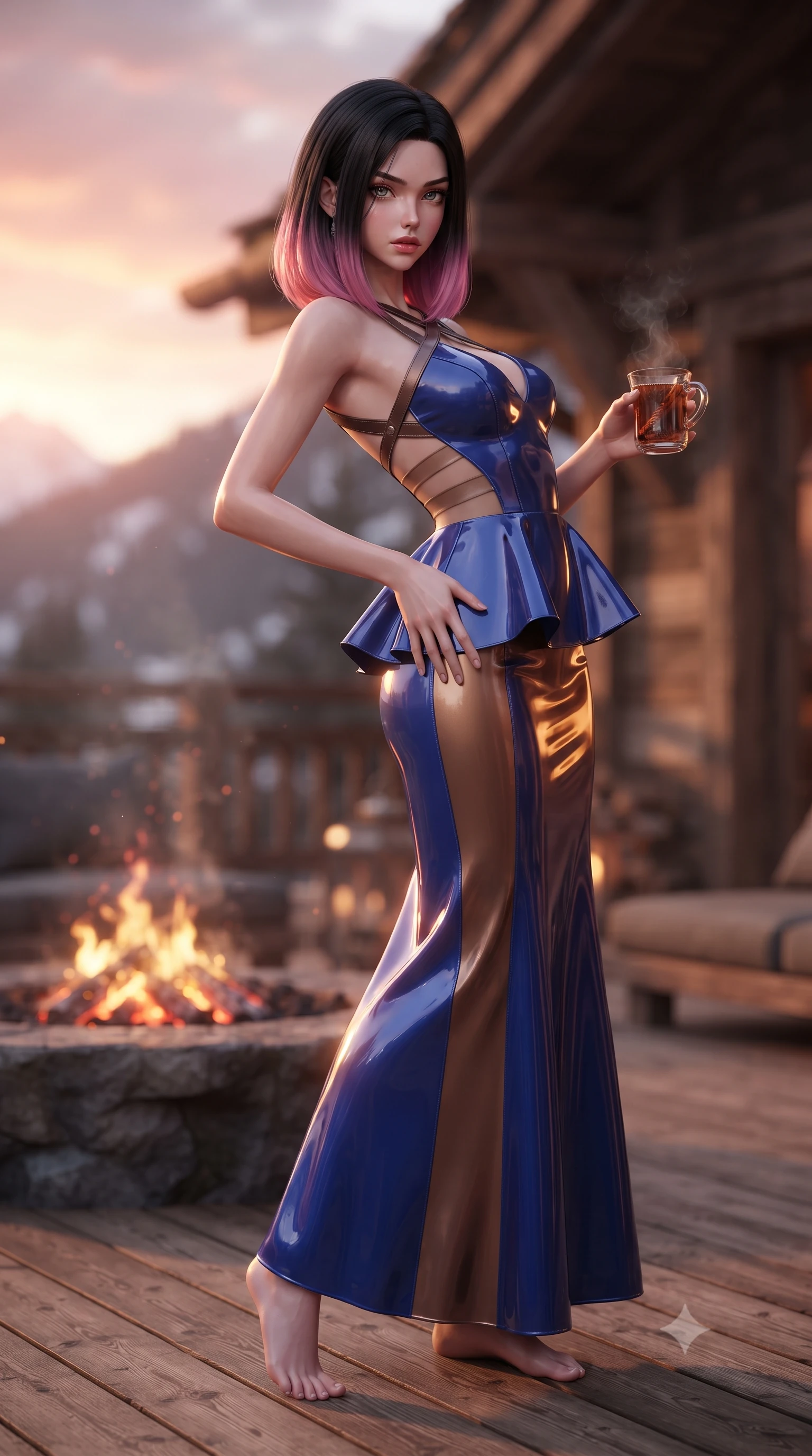 score_9, masterpiece, best quality, ultra-detailed, high-budget anime keyframe, editorial fashion photography, tasteful artistic composition, Korean woman. close-up cowboy shot from the waist and thighs up, the character dominates the composition, filling the frame with her large presence. arching her spine backward with effortless dancer poise, one hand sliding along her hip line as directional light carves specular highlights along her silhouette while standing poised on the heated cedar terrace holding a mug of steaming spiced cider, her slender waist and feminine curves wrapped in luxury cashmere. The composition keeps background elements in soft focus with creamy bokeh. crackling fire pit embers and rustic larch-wood chalet beams softened in luxurious alpine shallow focus. She has an exceptionally elegant, slender, and willowy female figure with an ultra-slim waist, flat toned midriff, narrow ribcage, and sculpted feminine hips creating an alluring, slim hourglass silhouette without bulk. sharp v-shaped jawline, high-bridge nose, intricate jewel-like eyes with depth, thick eyelashes, glossy parted lips with a natural sheen, intensely captivating and seductive bedroom-eyes expression, flawlessly proportioned anatomical accuracy, strict slender model proportions, natural body alignment, perfectly sculpted long slender limbs, ultra-slim waistline, clean dynamic posture without body distortion. wearing a structural geometric peplum gown with sheer side-ribbon cutouts and form-fitting skirt in royal sapphire blue and liquid bronze, tailored from second-skin aerodynamic stretch vinyl with specular wet sheen, featuring an open-back criss-cross harness strap in dark leather, the liquid-tight tailored fabric clinging flawlessly to her narrow waist and rounded feminine hips, emphasizing every millimeter of her sculpted slim hourglass curves without any bulky heaviness. bathed in breathtaking rose-gold alpenglow backlighting from the setting sun and warm fire pit ambient glow. ultra-reflective glossy finish, specular highlights, rich textural contrasts, high-contrast stereoscopic depth, volumetric dynamic lighting, 2k, ultra detail, master piece, 9:16 ratio