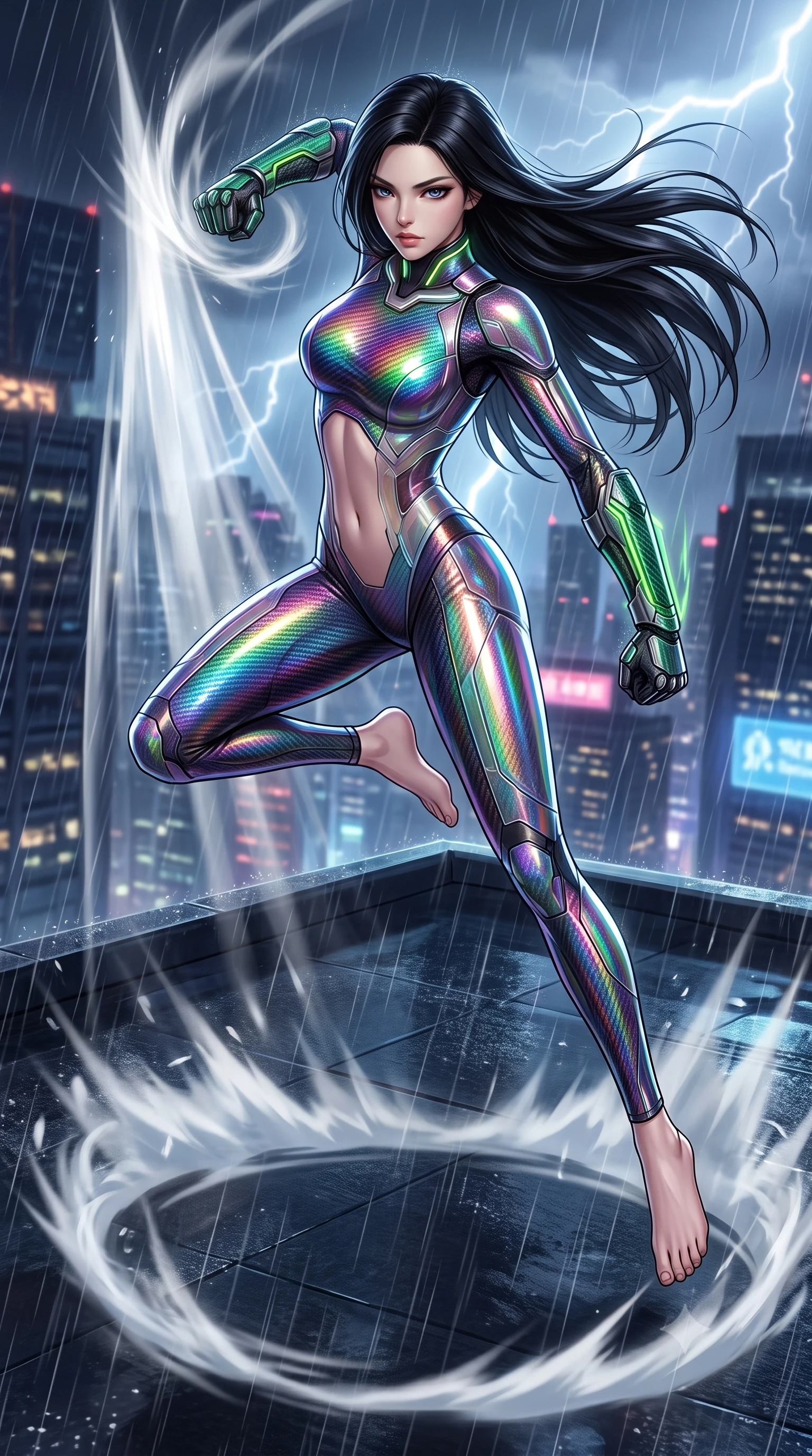 score_9, masterpiece, best quality, ultra-detailed, high-budget anime keyframe, semi-realistic 3D game render, editorial fashion photography, tasteful artistic composition, Korean woman. low angle full-body shot from head to toe showing her feet, filling the entire 9:16 vertical frame with her statuesque presence, stretching her vertical silhouette. leaping into mid-air with an athletic yet alluring arch of her spine, driving a downward kinetic strike surrounded by a ring of displaced air while delivering a lightning-fast kinetic punch on a rain-swept skyscraper rooftop, generating a visible conical air-distortion shockwave. The surrounding environment is rendered in vivid detail and crisp panoramic clarity. high-contrast storm chiaroscuro and atmospheric cyberpunk urban textures captured with precision. She has an absolutely perfect, statuesque 8.5-heads proportion, an exceptionally tall and slender model-like female figure with impossibly long slender legs, a toned flat midriff, and an ultra-slim waist. sharp v-shaped jawline, high-bridge nose, intricate jewel-like eyes with depth, thick eyelashes, glossy lips with a natural sheen, flawlessly proportioned anatomical accuracy, strict slender model proportions, natural body alignment, perfectly sculpted long slender limbs, ultra-slim waistline, clean dynamic posture without body distortion. wearing a high-gloss iridescent rainbow carbon-weave bodysuit with translucent cybernetic panels and Damascus-steel forearm bracers in emerald green carbon composite with glowing lime laser channels, formed from high-gloss patent carbon-plating with specular chiaroscuro reflections, featuring a sleek aerodynamic collar framed by subtle glowing cybernetic status LEDs, the glove-like aerodynamic second-skin fit tightly clinging to her ultra-slender waist and athletic curves without adding bulk, accentuating her razor-sharp statuesque lines and slim hourglass silhouette. surrounded by an electrifying, fierce, and passionately powerful martial valkyrie atmosphere. rich saturated anime colors with glowing neon highlights, detailed shading with soft gradients, rich glossy textures, high-contrast stereoscopic depth, volumetric dynamic lighting, master piece, 9:16 ratio