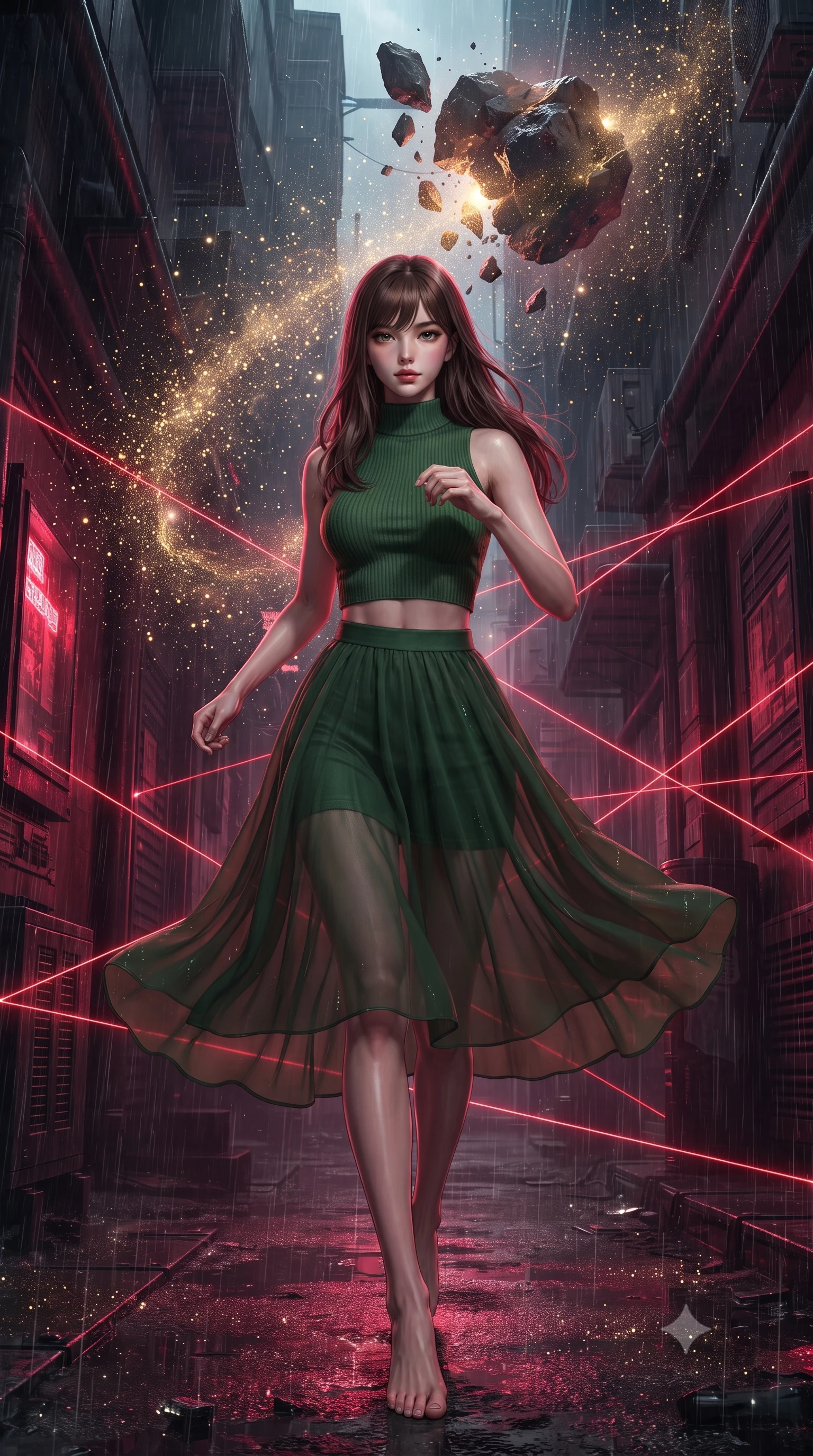 score_9, masterpiece, best quality, ultra-detailed, high-budget anime keyframe, editorial fashion photography, tasteful artistic composition, realistic cosplay photography, Korean woman. low angle full-body shot from head to toe showing her feet, filling the entire 9:16 vertical frame with her statuesque presence, stretching her vertical silhouette. dashing through rain-slicked cyberpunk alleyways, dodging laser tripwires with fluid agility through caught in a space storm of glittering gold cosmic dust particles, swirling in magnetic currents around a rocky asteroid. She has a statuesque 8.5-heads proportion, an exceptionally tall, slender and willowy model-like build with impossibly long legs and a highly sculpted ultra-slim waist. sharp v-shaped jawline, high-bridge nose, intricate jewel-like eyes with depth, thick eyelashes, glossy lips with a natural sheen. wearing the lightweight fabric rippling and billowing dramatically with her movement, a body-hugging high-neck ribbed crop top in forest green, paired with a midi skirt featuring a sheer chiffon overlay revealing her legs. deep crimson theatrical lighting with sharp specular highlights on every curve. ultra-reflective glossy finish, specular highlights, metallic sheen, high-contrast stereoscopic depth, volumetric dynamic lighting, 2k, ultra detail, master piece, 9:16 ratio