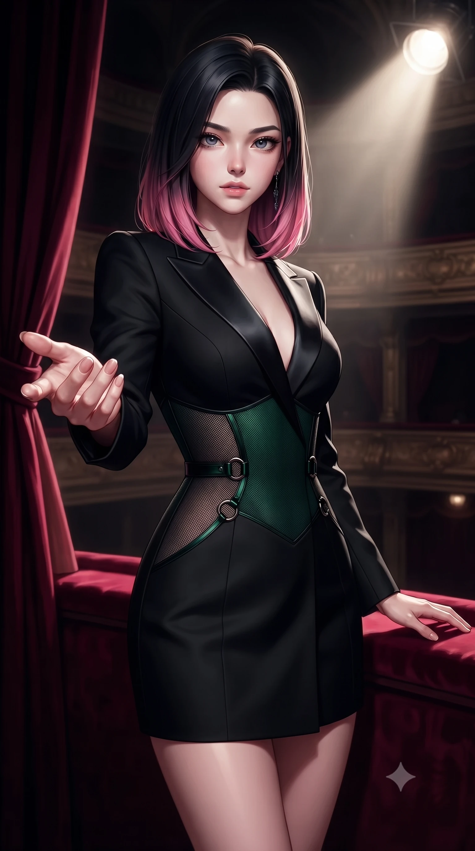 score_9, masterpiece, best quality, ultra-detailed, high-budget anime keyframe, editorial fashion photography, tasteful artistic composition, Korean woman. close-up cowboy shot from the waist and thighs up, the character dominates the composition, filling the frame with her large presence, background elements kept in soft focus. Reaching one hand toward the viewer with relaxed dark elegance, standing on a secluded private opera box balcony lined with deep crimson velvet, dramatic theatrical stage spotlight casting intense key light from afar. She has an exceptionally elegant, slender, and willowy female figure with an ultra-slim waist, a gracefully sculpted slender torso, and a refined silhouette. sharp v-shaped jawline, high-bridge nose, intricate jewel-like eyes with depth, thick eyelashes, glossy lips with a natural sheen. wearing tailored onyx black tux dress with silk lapels and fitted waist in deep emerald green, made of fine dark contouring mesh, trimmed with dark chrome ring hardware along the waist contours, sculpting her athletic slender build with refined precision. illuminated by a single brilliant theatrical key light emerging from dark opera shadows. highly saturated vibrant anime colors, detailed shading with soft gradients, rich glossy textures, high-contrast stereoscopic depth, volumetric dynamic lighting, master piece, 9:16 ratio