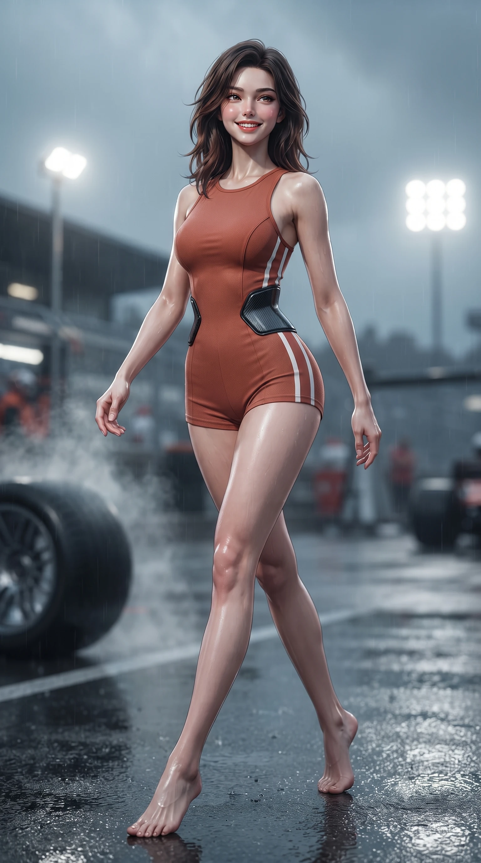 score_9, masterpiece, best quality, ultra-detailed, high-budget anime keyframe, editorial fashion photography, tasteful artistic composition, Korean woman. low angle full-body shot from head to toe showing her feet, filling the entire 9:16 vertical frame with her statuesque presence, stretching her vertical silhouette. stepping forward gracefully across the paddock tarmac in mid-motion with a radiant beaming smile, hips swaying in an alluring kinetic rhythm that accentuates her curvy hourglass silhouette and long slender legs while sitting perched on the pit wall barrier with legs crossed, her long slender limbs and tight leather suit commanding the rain-soaked Japanese circuit. The background shows a soft-focus steaming tire rubber and wet track asphalt reflections softened in dramatic wet-race shallow focus. She has an absolutely perfect, statuesque 8.5-heads proportion, an exceptionally tall and slender model-like female figure with impossibly long slender legs, an ultra-slim waist, a flat toned midriff, narrow delicate ribcage, and beautifully sculpted feminine hips creating a graceful, slim hourglass silhouette without any bulky heaviness. sharp v-shaped jawline, high-bridge nose, sparkling eyes with athletic focus and depth, thick curled eyelashes, glossy parted lips with a natural coral-peach sheen, bright confident and coquettish smile with alluring bedroom-eyes, exuding both youthful sporty vigor and sovereign high-society glamour, flawlessly proportioned anatomical accuracy, strict slender model proportions, natural body alignment, perfectly sculpted long slender limbs, ultra-slim waistline, clean dynamic posture without body distortion. wearing a bodycon racerback athletic romper with high-cut leg openings and side racing stripe tape accentuating her curvy hips in classic clay-court terracotta and cloud white, tailored from ultra-soft fine cashmere yarn with an airy athletic drape, accented with sleek aerodynamic carbon-fiber hip pads framing her narrow waist, the liquid-tight tailored fabric clinging flawlessly to her narrow waist and rounded feminine hips, emphasizing every millimeter of her sculpted slim hourglass curves without any bulky heaviness. bathed in moody wet-race daylight contrasting with bright pit garage halogen floodlights. ultra-reflective glossy finish, specular highlights, rich textural contrasts, high-contrast stereoscopic depth, volumetric dynamic lighting, 2k, ultra detail, master piece, 9:16 ratio