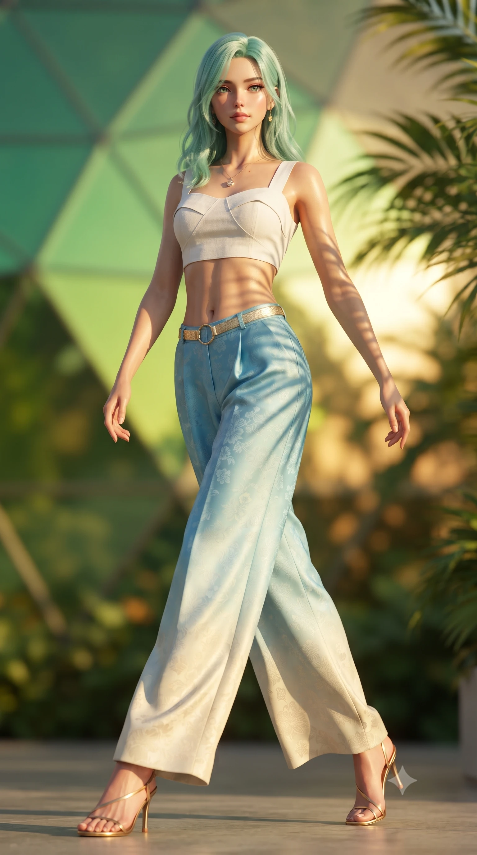score_9, masterpiece, best quality, ultra-detailed, high-budget anime keyframe, editorial fashion photography, tasteful artistic composition, Japanese woman. low angle full-body shot from head to toe showing her feet, filling the entire 9:16 vertical frame with her statuesque presence, stretching her vertical silhouette. pivoting dynamically with supreme athletic balance, her impossibly long slender legs and ultra-slim waist creating a mesmerizing vertical line while stretching languidly as golden afternoon sunlight warms her bare shoulders, gazing into the lens with relaxed sensuality. The composition keeps background elements in soft focus with creamy bokeh. geometric solar dome facets and lush exotic tropical foliage blurred into radiant emerald, lime, and warm honey bokeh. She has an absolutely perfect, statuesque 8.5-heads proportion, an exceptionally tall and slender model-like female figure with impossibly long slender legs, a toned flat midriff, and an ultra-slim waist. sharp v-shaped jawline, high-bridge nose, intricate jewel-like eyes with depth, thick eyelashes, glossy parted lips with a natural sheen, intensely captivating and seductive expression, flawlessly proportioned anatomical accuracy, strict slender model proportions, natural body alignment, perfectly sculpted long slender limbs, ultra-slim waistline, clean dynamic posture without body distortion. wearing an architectural white linen crop top paired with low-slung flowing silk palazzo pants and a gold ring belt in sky azure and soft sunlight cream, tailored from smooth liquid silk satin with subtle floral jacquard, complemented by a dainty solar crystal pendant resting near her collarbone, the breezy yet form-flattering drape swaying gracefully with her steps, accentuating her long willowy limbs and ultra-slim waistline. illuminated by organic stencil shadows from tropical leaves tracing her sculpted torso and legs. ultra-reflective glossy finish, specular highlights, rich textural contrasts, high-contrast stereoscopic depth, volumetric dynamic lighting, 2k, ultra detail, master piece, 9:16 ratio
