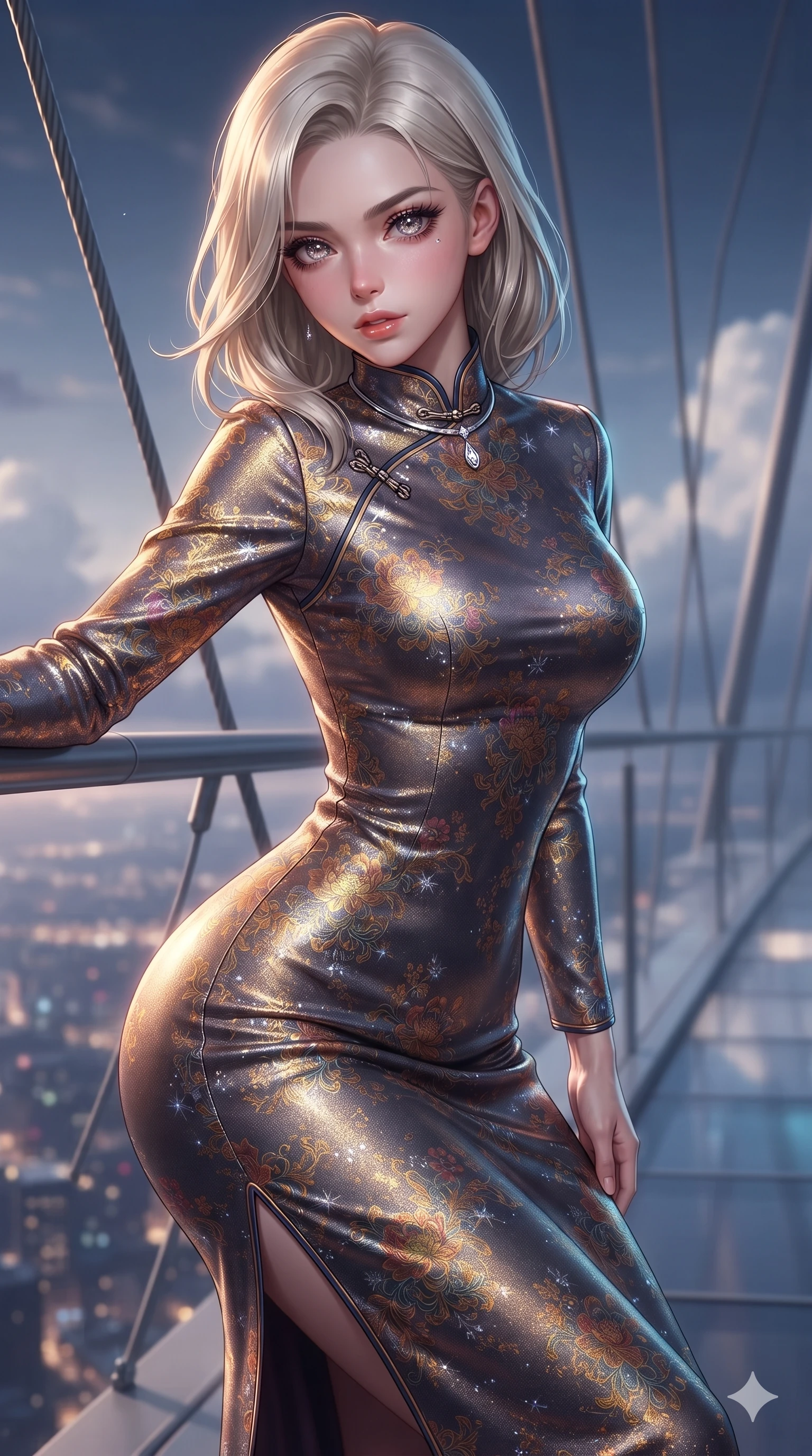 score_9, masterpiece, best quality, ultra-detailed, high-budget anime keyframe, editorial fashion photography, tasteful artistic composition, Caucasian woman. close-up cowboy shot from the waist and thighs up, the character dominates the composition, filling the frame with her large presence. leaning forward while arching her lower back to accentuate her curvy hips, looking into the camera with an intoxicating smoldering gaze and bedroom-eyes while leaning against the structural bridge cables with hips cocked back, gazing into the glittering twilight expanse with intoxicating bedroom-eyes. The background shows a soft-focus high-altitude evening clouds softened in dual-era skybridge promenade shallow focus. She has an exceptionally elegant, slender, and willowy female figure with an ultra-slim waist, flat toned midriff, narrow ribcage, and sculpted feminine hips creating an alluring, slim hourglass silhouette without bulk. sharp v-shaped jawline, high-bridge nose, intricate jewel-like sparkling eyes with depth, thick eyelashes, glossy parted lips with a natural sheen, intensely captivating and seductive bedroom-eyes expression, exuding both youthful cute charm and sovereign luxury allure, flawlessly proportioned anatomical accuracy, strict slender model proportions, natural body alignment, perfectly sculpted long slender limbs, ultra-slim waistline, clean dynamic posture without body distortion. wearing a prestigious high-neck long-sleeve silk cheongsam evening gown with modest silhouette and embroidered floral crests in cosmic eclipse amber and starlight diamond, crafted from luxurious metallic lamé that shifts radiance with every step, finished with a minimalist chrome choker and a single teardrop diamond pendant, the impeccably tailored cut draping gracefully along her slender figure with aristocratic poise. illuminated by glass floor bounce and sharp gold-cyan rim lights defining her razor-sharp jawline, narrow waist, and curvy hips. ultra-reflective glossy finish, specular highlights, rich textural contrasts, high-contrast stereoscopic depth, volumetric dynamic lighting, 2k, ultra detail, master piece, 9:16 ratio