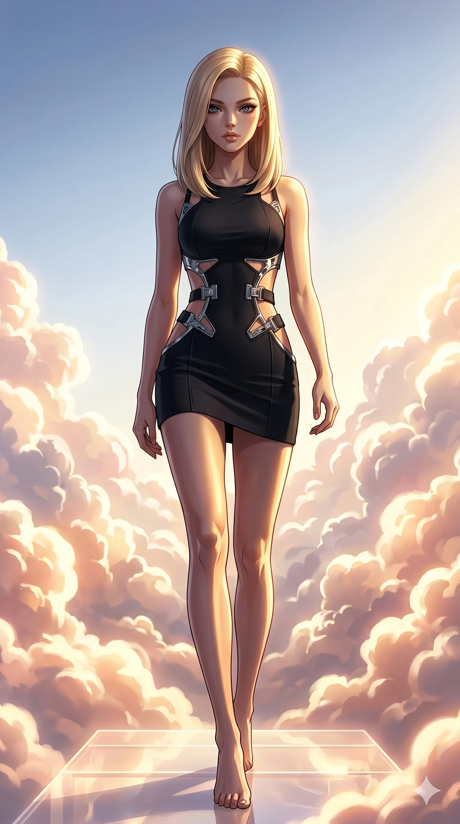 score_9, masterpiece, best quality, ultra-detailed, high-budget anime keyframe, editorial fashion photography, tasteful artistic composition, Korean woman. low angle full-body shot from head to toe showing her feet, filling the entire 9:16 vertical frame with her statuesque presence, stretching her vertical silhouette. Stepping powerfully forward onto an elevated surface inside a luminous cloud palace where cumulus formations glow with amber and rose from within. She has an absolutely perfect 8-heads proportion, an exceptionally tall and slender female figure with impossibly long slender legs and an ultra-slim waist. V-shaped jawline, high-bridge nose, intricate jewel-like eyes with depth, thick eyelashes, glossy lips with a natural sheen. wearing a structured matte black mini dress with bold geometric cutouts revealing glimpses of the waist and side torso, framed by chrome architectural hardware against a precision-fitted base. lit by dramatic chiaroscuro with a single golden key light carving her facial contours and figure. 2k, ultra detail, master piece, 9:16 ratio