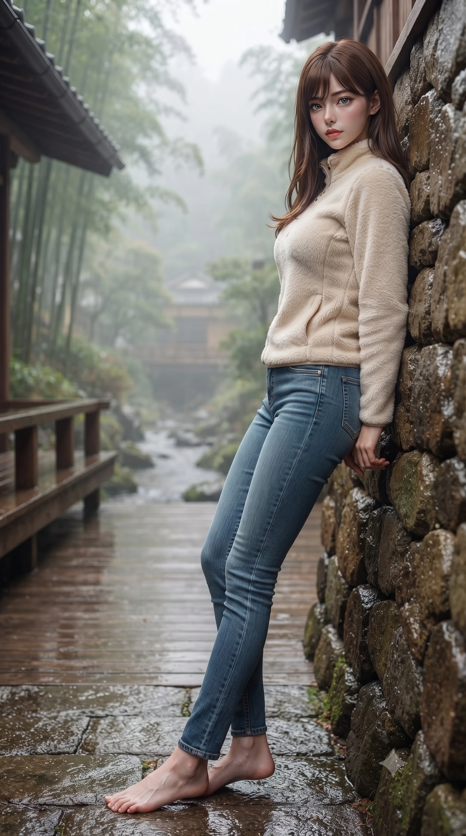 score_9, masterpiece, best quality, ultra-detailed, high-budget anime keyframe, editorial fashion photography, tasteful artistic composition, Korean woman woman. low angle full-body shot from head to toe showing her feet, filling the entire 9:16 vertical frame with her statuesque presence, stretching her vertical silhouette. leaning back against a rustic stone wall, casting a slow, alluring gaze at the camera the background shows a soft-focus a wooden deck of a traditional Japanese inn overlooking a quiet stream and bamboo grove. She has an absolutely perfect, statuesque 8.5-heads proportion, an exceptionally tall and slender model-like female figure with impossibly long slender legs and an ultra-slim waist. sharp v-shaped jawline, high-bridge nose, intricate jewel-like eyes with depth, thick eyelashes, glossy lips with a natural sheen. wearing a form-contouring cozy cream fleece sweater over blue denim jeans. soft morning mist diffusing the sunlight, creating a tranquil atmosphere. ultra-reflective glossy finish, specular highlights, metallic sheen, high-contrast stereoscopic depth, volumetric dynamic lighting, 2k, ultra detail, master piece, 9:16 ratio