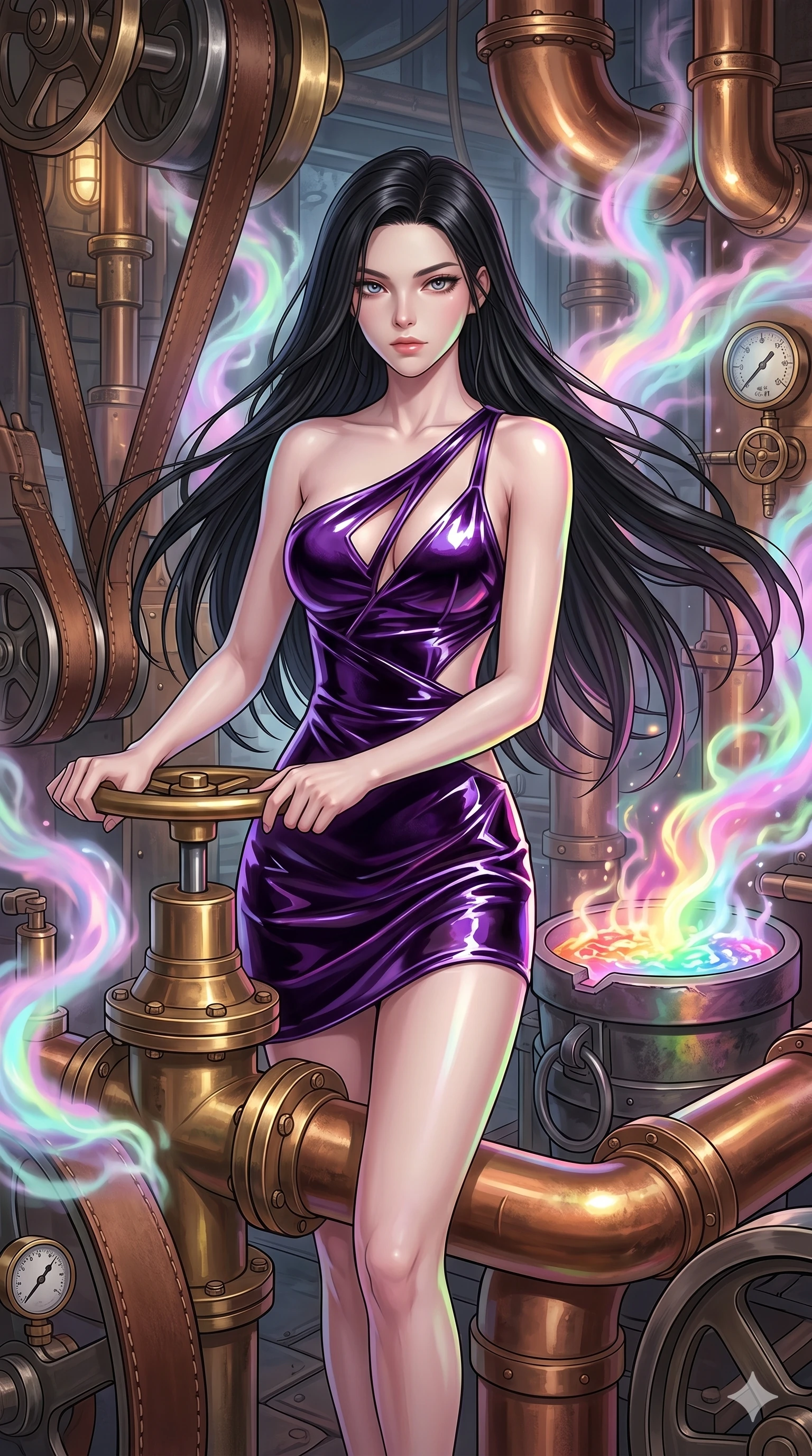 score_9, masterpiece, best quality, ultra-detailed, high-budget anime keyframe, Caucasian woman, strictly human ears. upper body close-up from the thighs up, character filling the screen for maximum presence. operating a steampunk aurora foundry surrounded by massive copper pipes and leather belts, where pastel aurora gas billows from valves and liquid rainbow energy boils in a crucible. She has an absolutely perfect 8-heads proportion, an exceptionally tall and slender female figure with impossibly long slender legs and an ultra-slim waist. V-shaped jawline, high-bridge nose, intricate jewel-like eyes with depth, thick eyelashes, glossy lips with a natural sheen.. wearing an asymmetric liquid velvet slip dress, featuring a high-gloss deep purple velvet one-shoulder mini slip with angular architectural cutouts. enhanced by a luminous pastel spectrum glow, casting elegant rim lights on her shoulders and jawline. 2k, ultra detail, master piece, 9:16 ratio