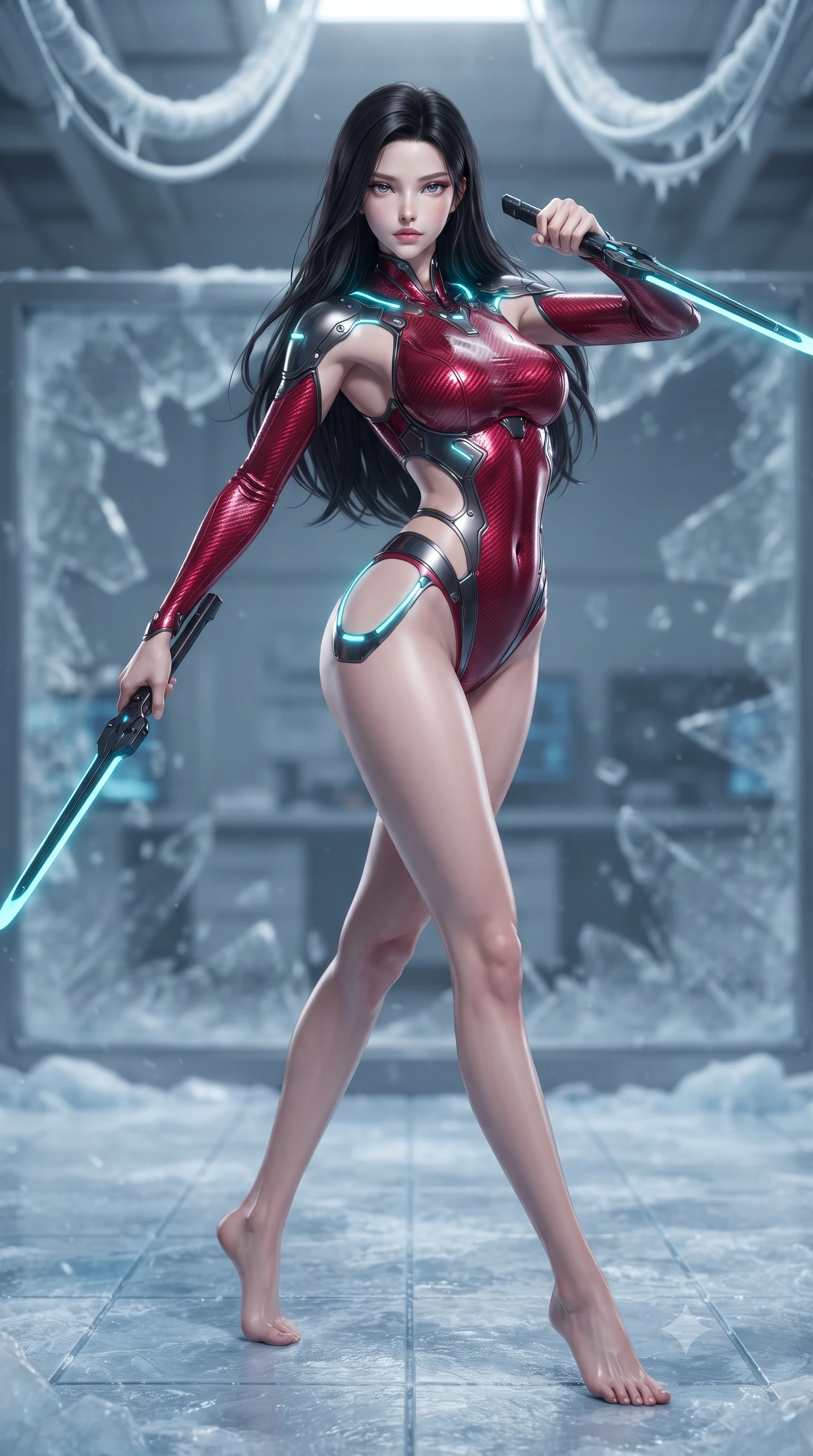 score_9, masterpiece, best quality, ultra-detailed, high-budget anime keyframe, editorial fashion photography, tasteful artistic composition, Korean woman. low angle full-body shot from head to toe showing her feet, filling the entire 9:16 vertical frame with her statuesque presence, stretching her vertical silhouette. arching her spine in a fluid zero-gravity combat turn with sovereign grace, her long slender legs and sculpted torso creating a sweeping line of power while stepping across ice-slicked laboratory tiles with spear balanced horizontally, radiating sovereign arctic composure. The composition keeps background elements in soft focus with creamy bokeh. shattered security barriers and overhead frosted conduits softened in quiet atmospheric focus. She has an absolutely perfect, statuesque 8.5-heads proportion, an exceptionally tall and slender model-like female figure with impossibly long slender legs, a toned flat midriff, and an ultra-slim waist. sharp v-shaped jawline, high-bridge nose, intricate jewel-like eyes with depth, thick eyelashes, glossy lips with a natural sheen, flawlessly proportioned anatomical accuracy, strict slender model proportions, natural body alignment, perfectly sculpted long slender limbs, ultra-slim waistline, clean dynamic posture without body distortion. wearing a skin-tight crimson carbon-weave combat leotard with metallic dark chrome plating and hip-accentuating cutouts, holding twin glowing high-frequency vibro-blades with effortless supermodel poise in matte obsidian carbon black with electric cyan conduits, tailored from flexible second-skin carbon-mesh that clings flawlessly to her athletic curves, accented with glowing fiber-optic conduits tracing her collarbones and hip curves, the precision-cut daring openings accentuating her delicate midriff, graceful bare collarbones, and ultra-slim feminine waistline. surrounded by a cool, lethal, and breathtakingly alluring frost-goddess special-operative aura. ultra-reflective glossy finish, specular highlights, dark metallic sheen, high-contrast stereoscopic depth, volumetric dynamic lighting, 2k, ultra detail, master piece, 9:16 ratio