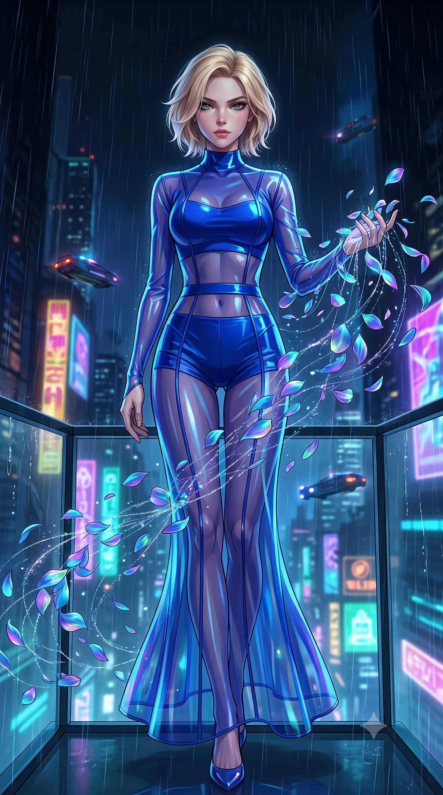 score_9, masterpiece, best quality, ultra-detailed, High-budget Anime Keyframe, Caucasian woman, strictly human ears. Low angle cowboy shot filling the entire 9:16 frame with her statuesque presence. Scenario 423: dissolving into a cloud of iridescent silk petals inside a minimalist glass balcony overlooking a rainy cyberpunk megacity. Her presence is magnetic and overpowering in this high-budget anime scene. Outfit 423: a form-contouring cobalt blue translucent PVC gown worn over an opaque crop top and high-waisted shorts. The clothing is designed to emphasize her exceptionally tall and slender 8-heads proportion. 8-heads proportion, towering silhouette, ultra-slim waist. sharp v-shaped jawline, intricate jewel-like eyes with depth, thick eyelashes, glossy lips. 2k, ultra detail, master piece, 9:16 ratio