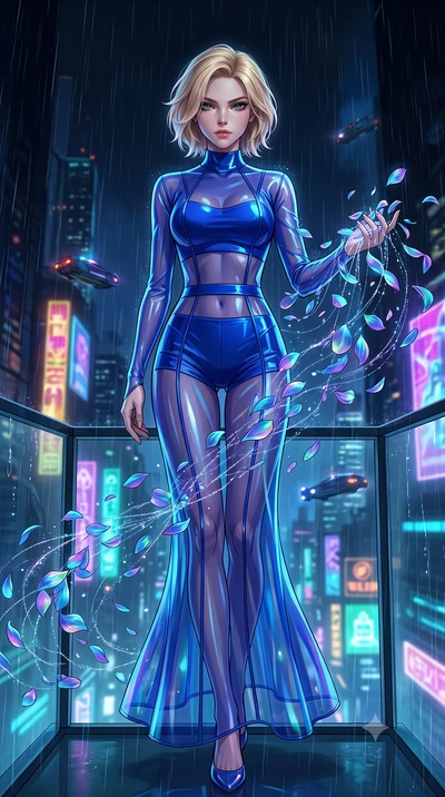 score_9, masterpiece, best quality, ultra-detailed, High-budget Anime Keyframe, Caucasian woman, strictly human ears. Low angle cowboy shot filling the entire 9:16 frame with her statuesque presence. Scenario 423: dissolving into a cloud of iridescen