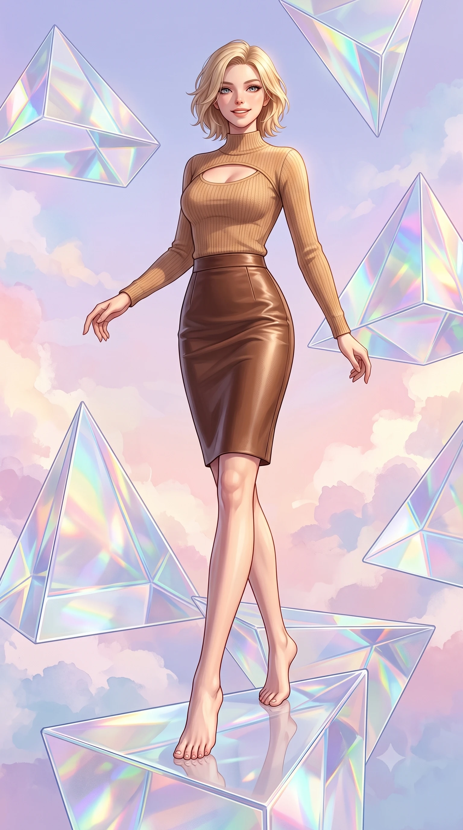 score_9, masterpiece, best quality, ultra-detailed, high-budget anime keyframe, editorial fashion photography, tasteful artistic composition, Caucasian woman, strictly human ears. low angle full-body shot from head to toe showing her feet, filling the entire 9:16 vertical frame with her statuesque presence, stretching her vertical silhouette. threading her way with a cheerful, optimistic expression through on a pathway made of solid triangular glass prisms floating in a pastel sky, bending all light that passes through it. She has a statuesque 8.5-heads proportion, an exceptionally tall, slender and willowy model-like build with impossibly long legs and a highly sculpted ultra-slim waist. sharp v-shaped jawline, high-bridge nose, intricate jewel-like eyes with depth, thick eyelashes, glossy lips with a natural sheen. wearing a camel-colored knit top with a keyhole chest cutout, paired with a brown leather pencil skirt. dramatic chiaroscuro with a single golden key light sculpting her silhouette. 2k, ultra detail, master piece, 9:16 ratio