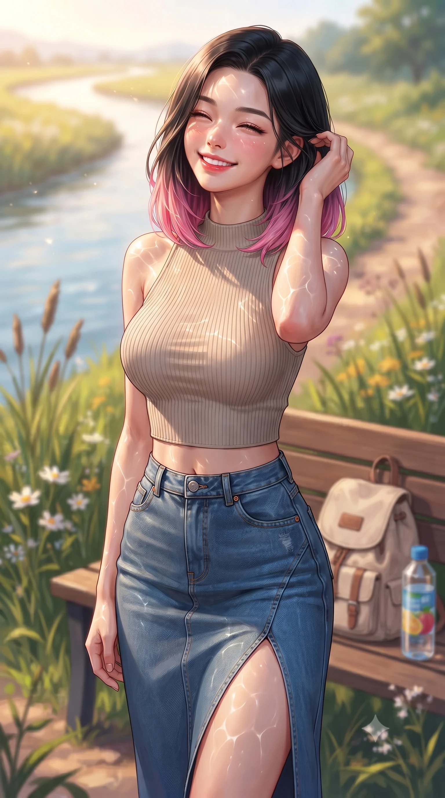 score_9, masterpiece, best quality, ultra-detailed, high-budget anime keyframe, editorial fashion photography, tasteful artistic composition, Korean woman. close-up cowboy shot from the waist and thighs up, the character dominates the composition, filling the frame with her large presence, background elements kept in soft focus. smiling happily with closed eyes, enjoying the warm sunbeams on her face set against a soft-focus background of along a winding river path lined with reeds and wild river flowers with a cute canvas backpack and a bottle of fruit water on the bench. She has an exceptionally elegant, slender, and willowy female figure with an ultra-slim waist, a gracefully sculpted slender torso, and a refined silhouette. sharp v-shaped jawline, high-bridge nose, intricate jewel-like eyes with depth, thick eyelashes, glossy lips with a natural sheen. wearing form-contouring stylish crop top paired with a high-slit denim midi skirt. bright daylight reflecting off the water, casting shifting ripples on her skin. highly saturated vibrant anime colors, detailed shading with soft gradients, rich glossy textures, high-contrast stereoscopic depth, volumetric dynamic lighting, master piece, 9:16 ratio