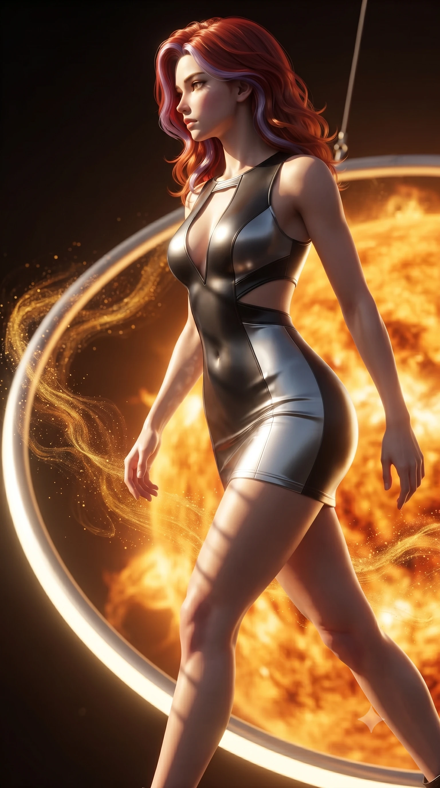 score_9, masterpiece, best quality, ultra-detailed, high-budget anime keyframe, editorial fashion photography, tasteful artistic composition, Caucasian woman. close-up cowboy shot from the waist and thighs up, the character dominates the composition, filling the frame with her large presence, background elements kept in soft focus. Turning her face in sharp profile while her upper body leans forward with poised athletic grace while stepping forward with a proud statuesque stride along a platinum ring suspended over a sun core, glowing solar pollen particles drifting in rapid swirling currents nearby. She has an exceptionally elegant, slender, and willowy female figure with an ultra-slim waist, a gracefully sculpted slender torso, and a refined silhouette. sharp v-shaped jawline, high-bridge nose, intricate jewel-like eyes with depth, thick eyelashes, glossy lips with a natural sheen, flawlessly proportioned anatomical accuracy, natural body alignment, perfectly sculpted elegant limbs, clean dynamic posture without body distortion. wearing a liquid mercury gloss mini dress with ultra-deep V-neck and waist cutouts in matte black and polished silver, formed from sleek second-skin neoprene, accented with a Tasteful chest slit framing her clavicle gracefully, the tailored fabric tightly following every curve of her athletic build. illuminated by a majestic golden key light casting sharp dynamic shadow grids. ultra-reflective glossy finish, specular highlights, metallic sheen, high-contrast stereoscopic depth, volumetric dynamic lighting, 2k, ultra detail, master piece, 9:16 ratio