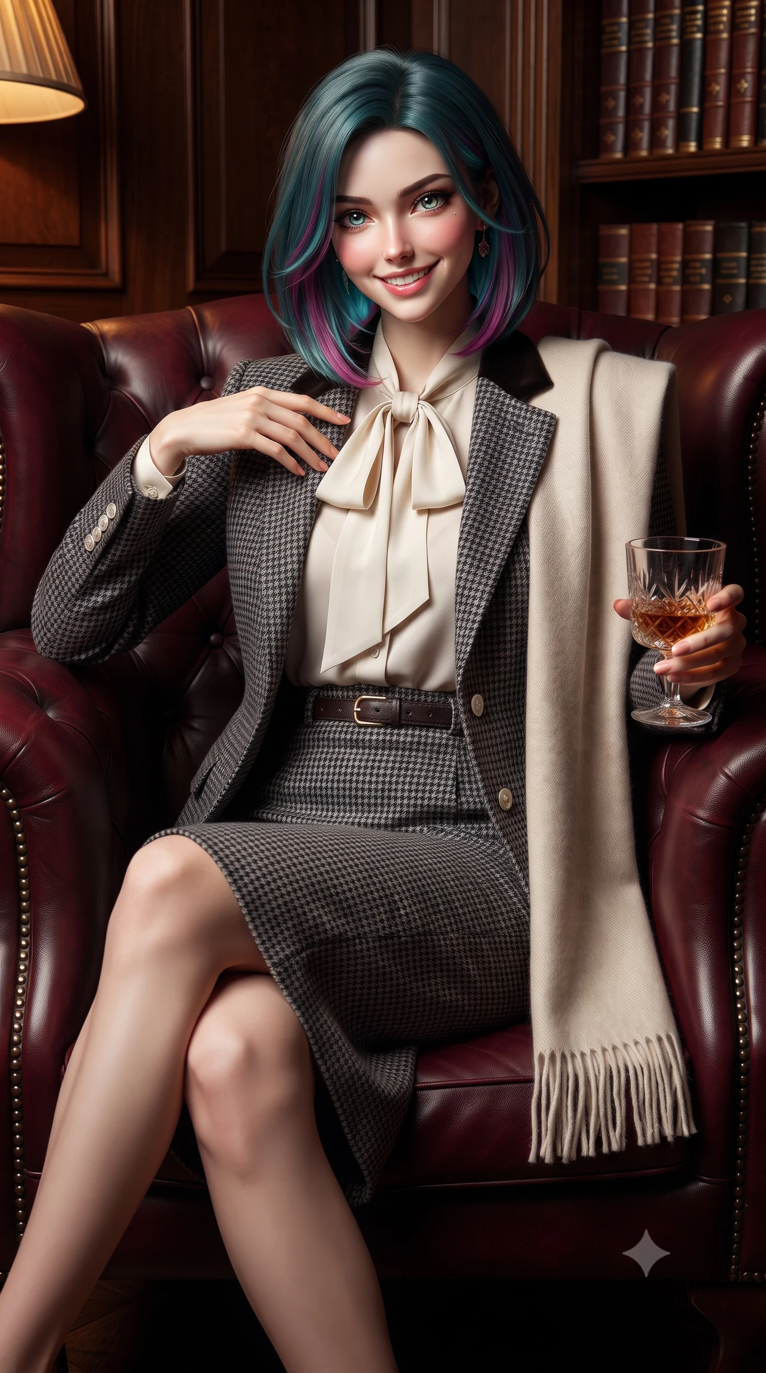 score_9, masterpiece, best quality, ultra-detailed, high-budget anime keyframe, editorial fashion photography, tasteful artistic composition, Caucasian woman. close-up cowboy shot from the waist and thighs up, the character dominates the composition, filling the frame with her large presence. resting one hand gracefully on her tailored blazer lapel while looking into the camera with bright, sparkling eyes while relaxing comfortably in a deep tufted burgundy Chesterfield armchair with legs crossed, holding a crystal glass with a knowing smile. The surrounding environment is rendered in vivid detail and crisp panoramic clarity: detailed tailored velvet collar blazer weave, mother-of-pearl button sheen, and aristocratic London club craftsmanship in razor-sharp precision. She has an exceptionally elegant, slender, and willowy female figure with an ultra-slim waist, flat toned midriff, narrow ribcage, and sculpted feminine hips creating an alluring, slim hourglass silhouette without bulk. sharp v-shaped jawline, high-bridge nose, intricate jewel-like sparkling eyes with depth, thick eyelashes, glossy parted lips with a natural peach sheen, bright cheerful beaming smile with an enchanting and coquettish sensual glint, exuding both youthful cute charm and seductive allure, flawlessly proportioned anatomical accuracy, strict slender model proportions, natural body alignment, perfectly sculpted long slender limbs, ultra-slim waistline, clean dynamic posture without body distortion. wearing a fluid silk crepe pussy-bow blouse paired with a high-waisted tailored pencil midi skirt and slim leather belt in classic Savile Row charcoal houndstooth and crisp ivory, tailored from heritage British Harris Tweed with rich multi-tonal yarn weave, accented with a wide brushed cashmere fringe scarf draped elegantly over one shoulder, the sharp shoulder tailoring and gently nipped waist framing her slender torso with pristine sartorial perfection. illuminated by dark wood paneling reflection bounce and warm amber rim lights sculpting her cheekbones, waistline, and slender posture. ultra-reflective glossy finish, specular highlights, rich textural contrasts, high-contrast stereoscopic depth, volumetric dynamic lighting, 2k, ultra detail, master piece, 9:16 ratio