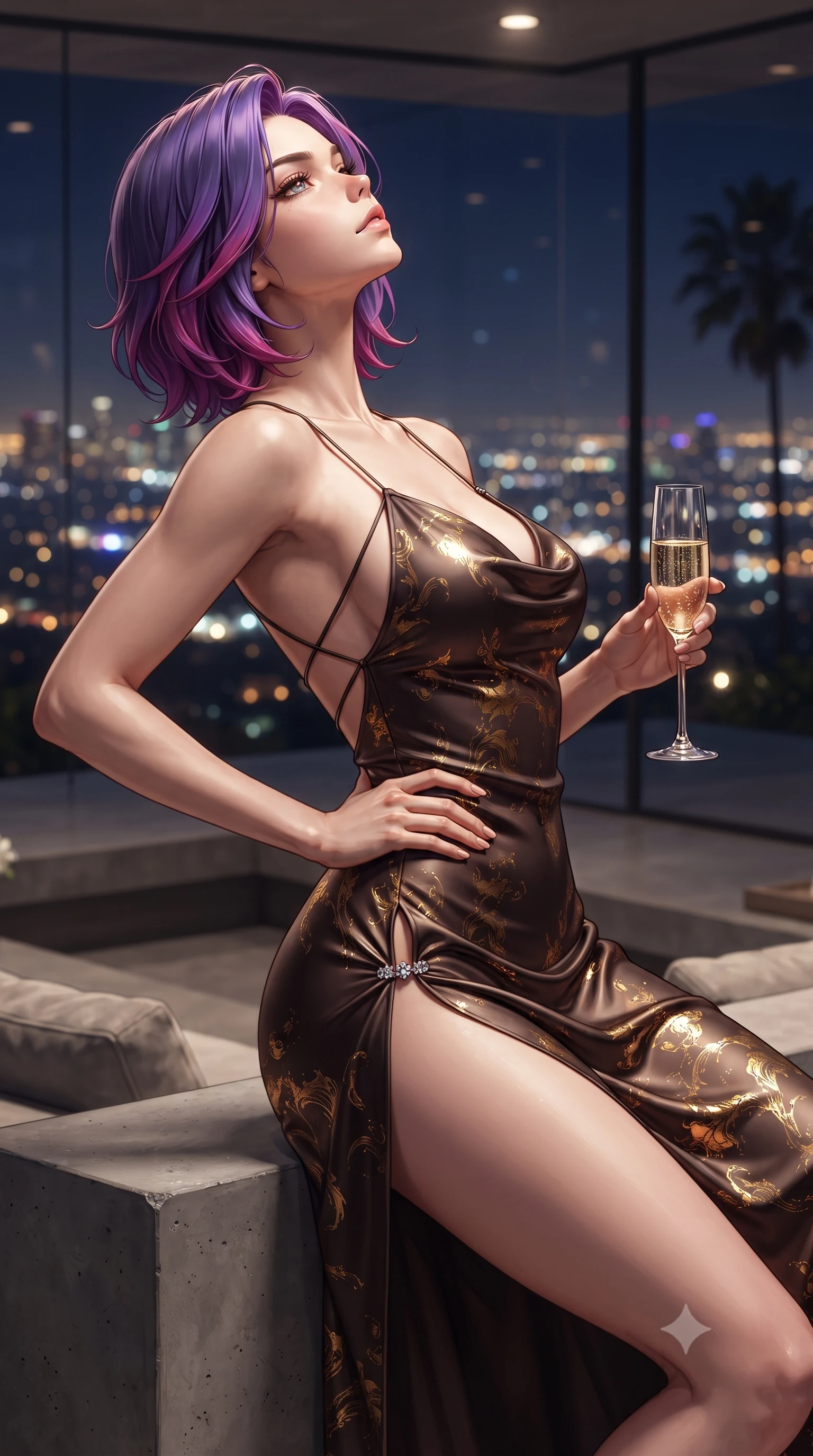 score_9, masterpiece, best quality, ultra-detailed, high-budget anime keyframe, editorial fashion photography, tasteful artistic composition, Caucasian woman. close-up cowboy shot from the waist and thighs up, the character dominates the composition, filling the frame with her large presence. tilting her chin up with proud, sovereign allure while gazing through thick eyelashes, one hand resting on her waist in pure supermodel charisma while lounging in the iconic angular concrete sunken living room, arching her back as the glittering Los Angeles city lights spread endlessly beyond frameless glass. The composition keeps background elements in soft focus with creamy bokeh. endless Los Angeles night city light grid and Beverly Hills hillside palms blurred into sparkling gold, amber, and indigo bokeh. She has an exceptionally elegant, slender, and willowy female figure with an ultra-slim waist, flat toned midriff, narrow ribcage, and sculpted feminine hips creating an alluring, slim hourglass silhouette without bulk. sharp v-shaped jawline, high-bridge nose, intricate jewel-like eyes with depth, thick eyelashes, glossy parted lips with a natural sheen, intensely captivating and seductive bedroom-eyes expression, flawlessly proportioned anatomical accuracy, strict slender model proportions, natural body alignment, perfectly sculpted long slender limbs, ultra-slim waistline, clean dynamic posture without body distortion. wearing a backless cowl-neck satin slip dress featuring high-cut side hip slits and delicate criss-cross back straps in dark espresso brown and molten gold foil, tailored from ultra-smooth duchess satin with a pearlescent sheen, finished with an ultra-high side slit secured by miniature jeweled clasps, the form-contouring material adhering flawlessly to her sculpted flat midriff and slender torso, emphasizing her long leg lines and perfectly proportioned willowy build. illuminated by crisp directional pool bounce lights sharply sculpting her razor-sharp jawline, narrow waist, and curvy hips. ultra-reflective glossy finish, specular highlights, rich textural contrasts, high-contrast stereoscopic depth, volumetric dynamic lighting, 2k, ultra detail, master piece, 9:16 ratio