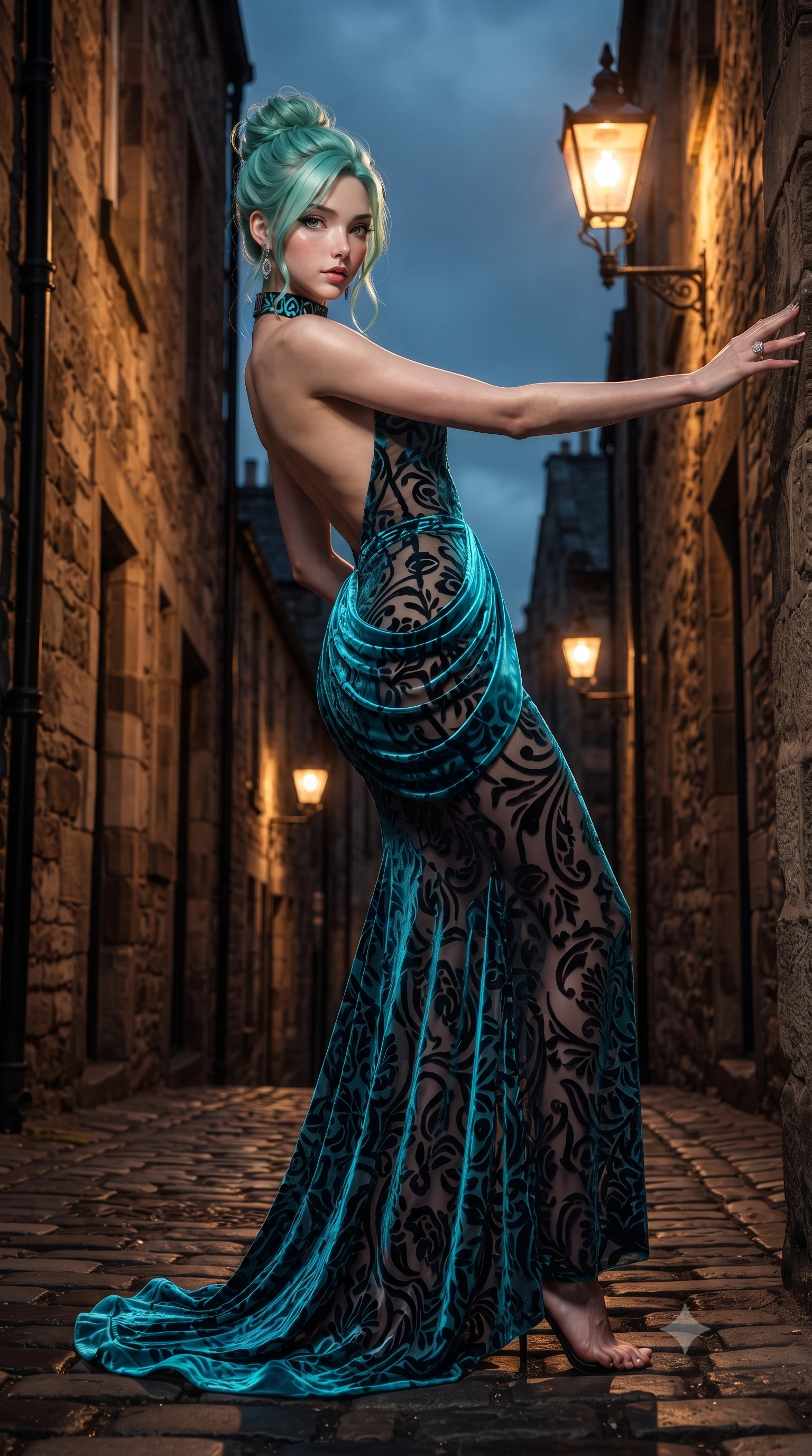 score_9, masterpiece, best quality, ultra-detailed, high-budget anime keyframe, editorial fashion photography, tasteful artistic composition, Japanese woman. low angle full-body shot from head to toe showing her feet, filling the entire 9:16 vertical frame with her statuesque presence, stretching her vertical silhouette. leaning deep against the structural architecture with hips cocked in an unapologetically bold, seductive high-fashion stance while descending the steep, narrow cobblestone close between ancient stone tenements, arching her back with sovereign poise under glowing gas street lamps. The surrounding environment is rendered in vivid detail and crisp panoramic clarity. sharp wet cobblestone textures, ancient sandstone masonry joints, and gas lamp glass clarity in deep focus. She has an exceptionally tall and slender model-like 8.5-heads proportion, an ultra-slim waist, a flat toned midriff, narrow delicate ribcage, and beautifully sculpted feminine hips creating a graceful, slim hourglass silhouette without any bulky heaviness, with impossibly long slender legs. sharp v-shaped jawline, high-bridge nose, intricate jewel-like eyes with depth, thick eyelashes, glossy parted lips with a natural sheen, intensely captivating and seductive bedroom-eyes expression, flawlessly proportioned anatomical accuracy, strict slender model proportions, natural body alignment, perfectly sculpted long slender limbs, ultra-slim waistline, clean dynamic posture without body distortion. wearing an open-back duchess satin gala gown with a dramatic hip-hugging drape and cascading trailing hem in neon electric cyan and lacquer black, made of sheer contouring power-mesh with velvet flocking patterns, complemented by a bold geometric choker and sparkling cocktail ring, the liquid-tight tailored fabric clinging flawlessly to her narrow waist and rounded feminine hips, emphasizing every millimeter of her sculpted slim hourglass curves without any bulky heaviness. bathed in warm flickering amber gaslight contrasting with the moody deep slate blue evening sky. ultra-reflective glossy finish, specular highlights, rich textural contrasts, high-contrast stereoscopic depth, volumetric dynamic lighting, 2k, ultra detail, master piece, 9:16 ratio