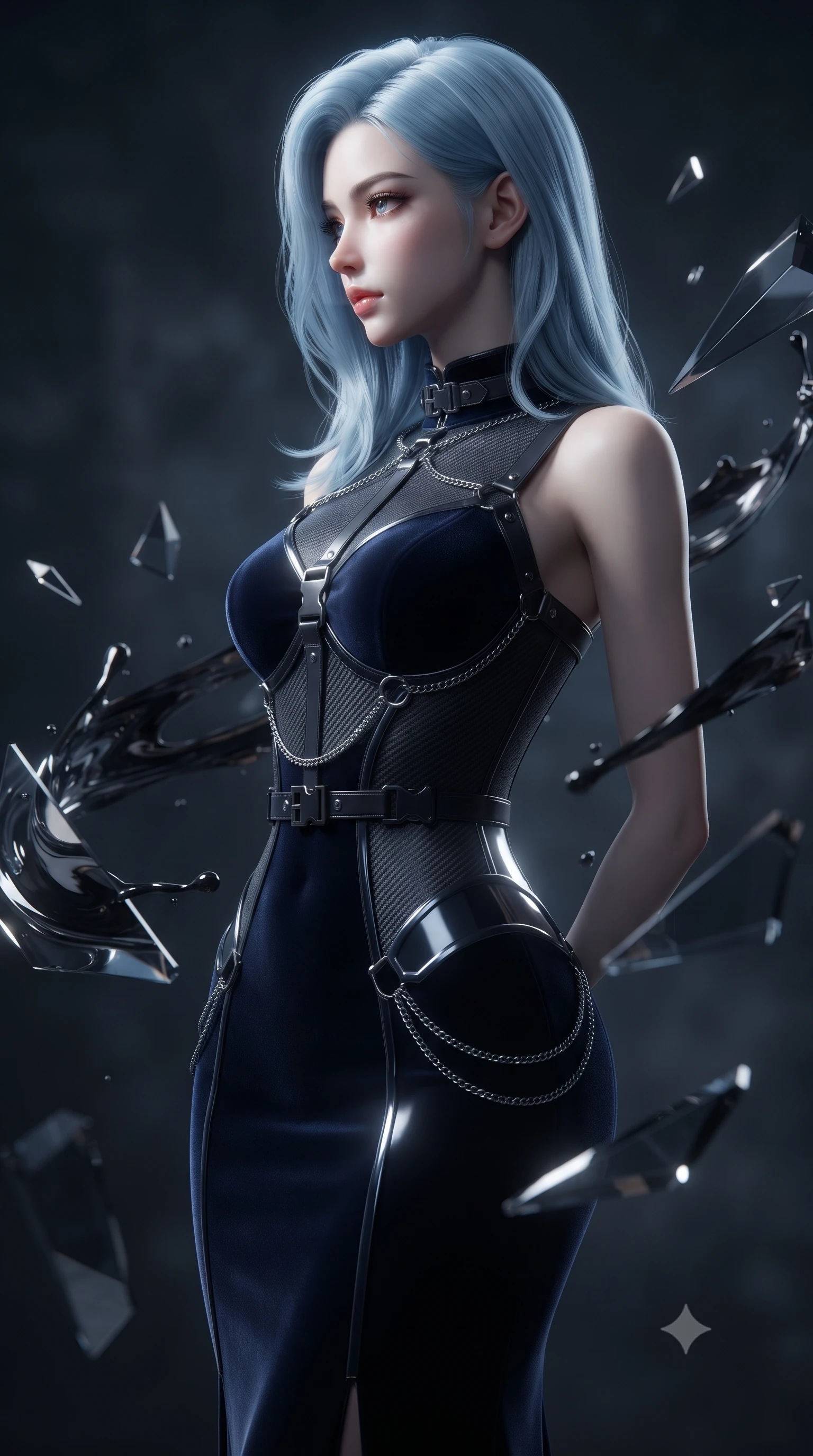 score_9, masterpiece, best quality, ultra-detailed, high-budget anime keyframe, editorial fashion photography, tasteful artistic composition, Korean woman. close-up cowboy shot from the waist and thighs up, the character dominates the composition, filling the frame with her large presence, background elements kept in soft focus. Turning her face in sharp dramatic profile against the moody key light, interacting with floating dark glass prisms that refract black paint reflections, swirling fluid motion paths frozen in zero gravity around her. She has an exceptionally elegant, slender, and willowy female figure with an ultra-slim waist, a gracefully sculpted slender torso, and a refined silhouette. sharp v-shaped jawline, high-bridge nose, intricate jewel-like eyes with depth, thick eyelashes, glossy lips with a natural sheen. wearing sculpted form-fitting dark velvet column gown in pitch black in midnight navy blue, made of matte carbon-fiber weave, framed by dark titanium buckles and silver chain details, accentuating her gracefully sculpted slender torso. lit by single intense key ray accentuating liquid paint contours. ultra-reflective glossy finish, specular highlights, metallic sheen, high-contrast stereoscopic depth, volumetric dynamic lighting, 2k, ultra detail, master piece, 9:16 ratio
