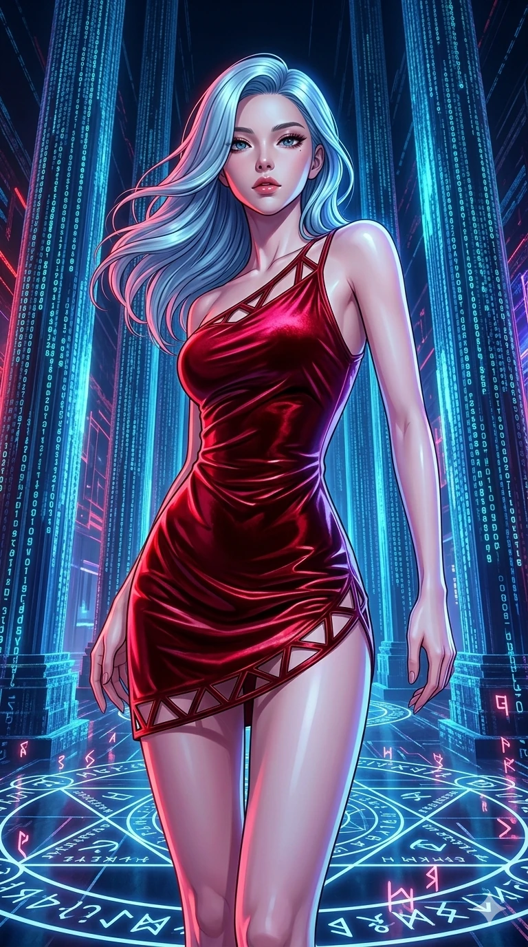 score_9, masterpiece, best quality, ultra-detailed, high-budget anime keyframe, editorial fashion photography, tasteful artistic composition, Korean woman. upper body close-up from the thighs up, character filling the screen for maximum presence. twisting her body around through a digital cathedral with towering pillars made of cascading cyber-code as glowing runes and symbols fade in and out on the ground. She has an absolutely perfect 8-heads proportion, an exceptionally tall and slender female figure with impossibly long slender legs and an ultra-slim waist. V-shaped jawline, high-bridge nose, intricate jewel-like eyes with depth, thick eyelashes, glossy lips with a natural sheen.. wearing an asymmetric liquid velvet slip dress, featuring a wet-look deep crimson red velvet one-shoulder mini slip with asymmetric geometric cutout trim. lit by high-contrast neon strobes that carve out her dynamic posture and V-shaped jawline. 2k, ultra detail, master piece, 9:16 ratio