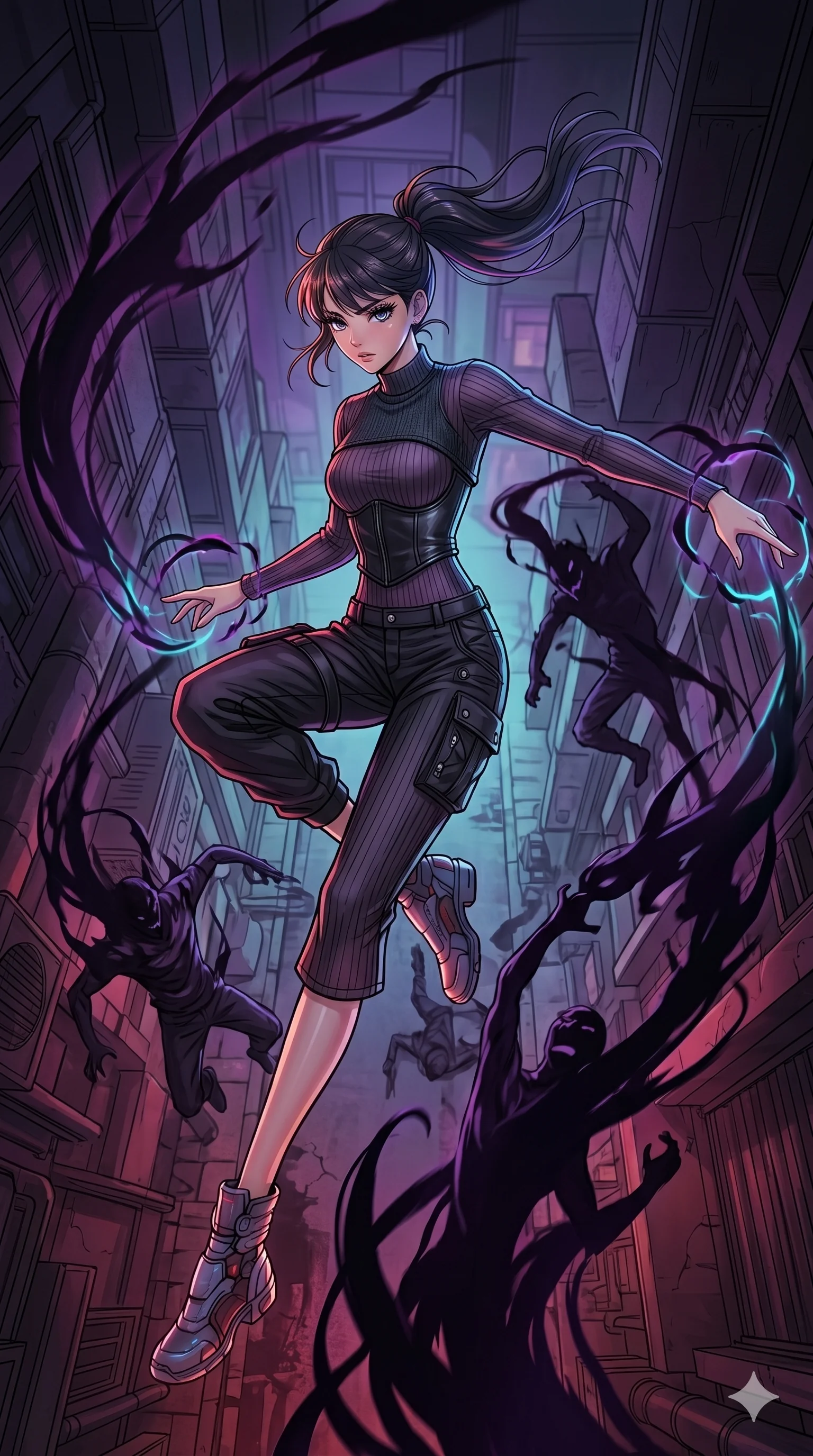 score_9, masterpiece, best quality, ultra-detailed, high-budget anime movie keyframe, cinematic anime lighting, intricate line art, Korean woman. Extreme high angle shot as she leaps towards the camera, filling the frame. manipulating the shadows of her enemies to turn against them. She has an absolutely perfect 8-heads proportion, an exceptionally tall and slender female figure with graceful and slender proportions. strictly human anatomy, two legs only, no extra limbs, clearly defined legs and arms, perfect anatomy, perfect hands and fingers. sharp v-shaped jawline, high-bridge nose, intricate jewel-like eyes, thick eyelashes, glossy lips. Wearing Urban Trendsetter: Ribbed bodycon dress, crop top with high-waist denim, and elegant corset with cargo pants. The scene is illuminated by dramatic atmospheric lighting and vibrant color palettes. , 2k, ultra detail, master piece, 9:16 ratio