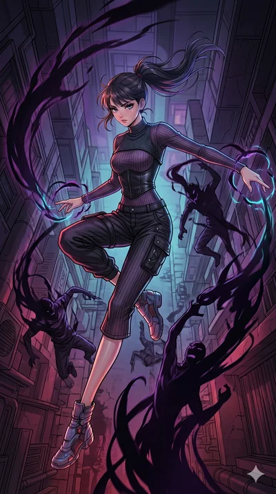 score_9, masterpiece, best quality, ultra-detailed, high-budget anime movie keyframe, cinematic anime lighting, intricate line art, Korean woman. Extreme high angle shot as she leaps towards the camera, filling the frame. manipulating the shadows of 